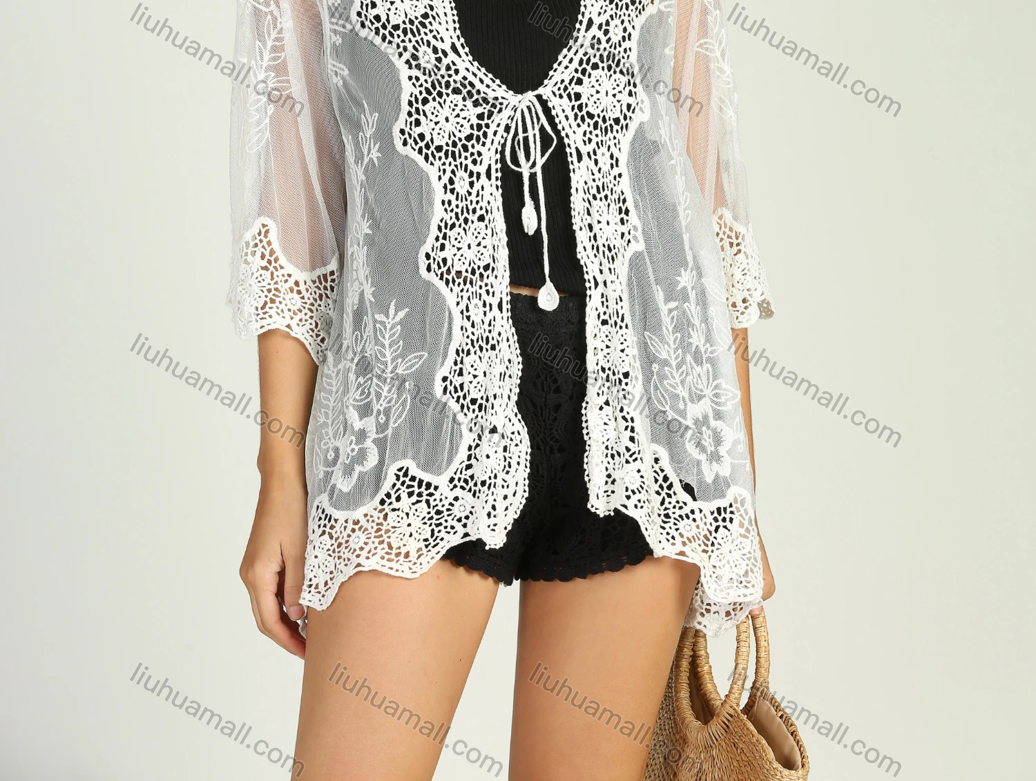 Wholesale Women's Peacock Hollow Out Short Bikini Coverup Cadigan - Liuhuamall