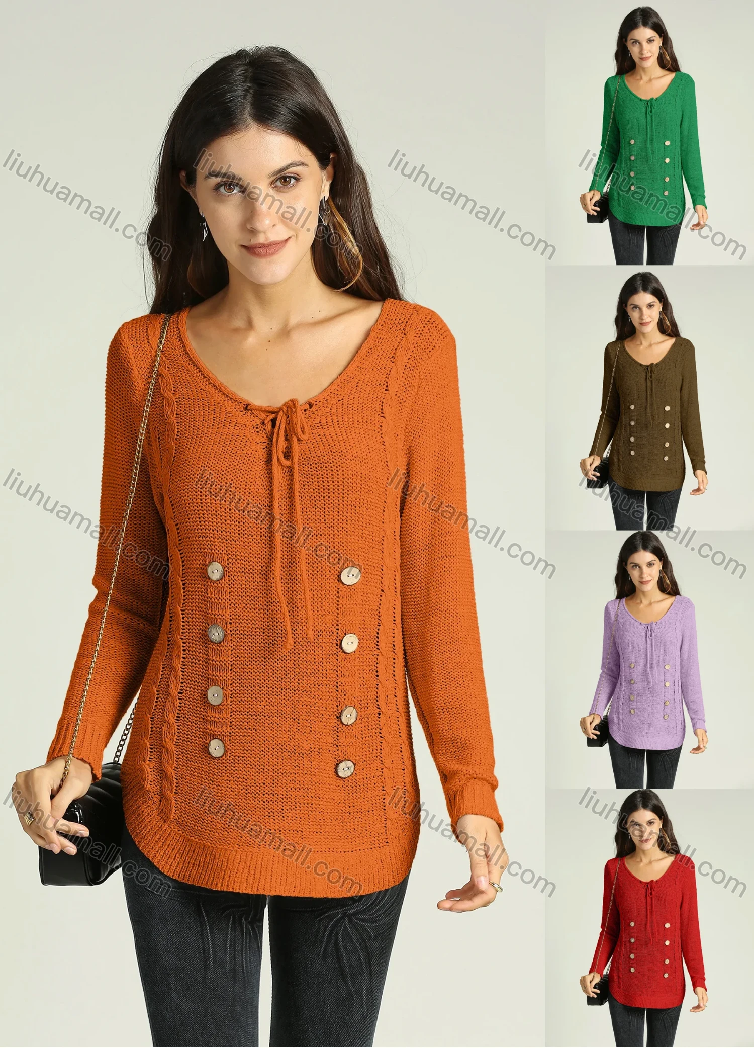 Wholesale Women's Casual Scoop Neck Long Sleeve Lace Up Front Cable Knit Sweater - Liuhuamall