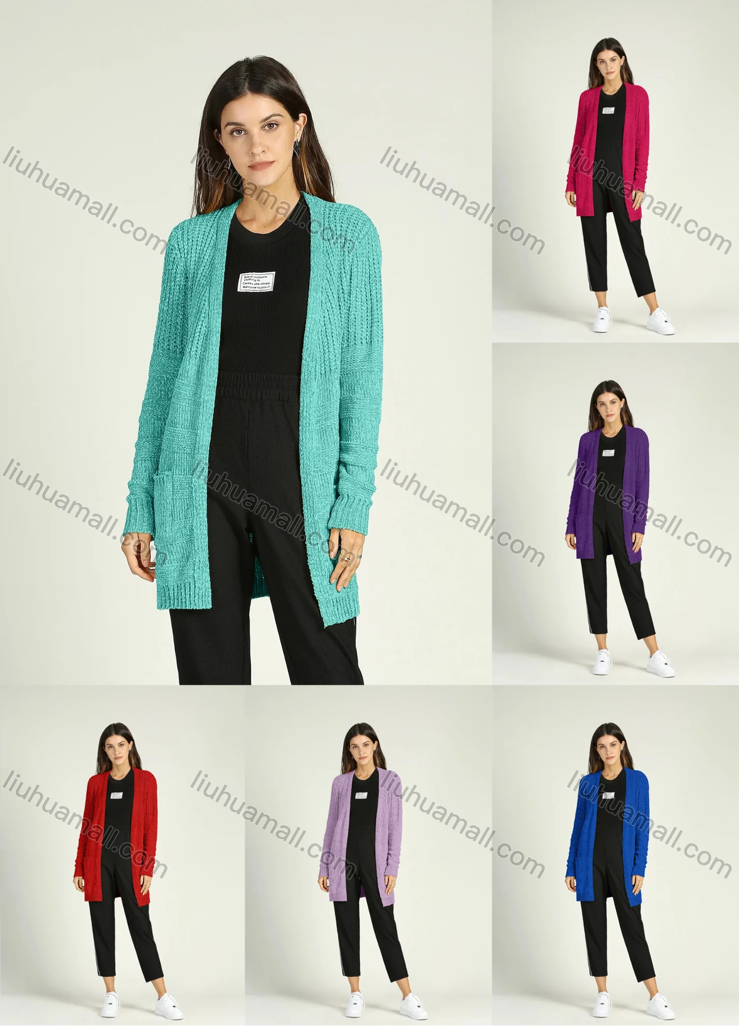 Wholesale Women's Casual Long Sleeve Plain Fuzzy Knit Cardigan - Liuhuamall