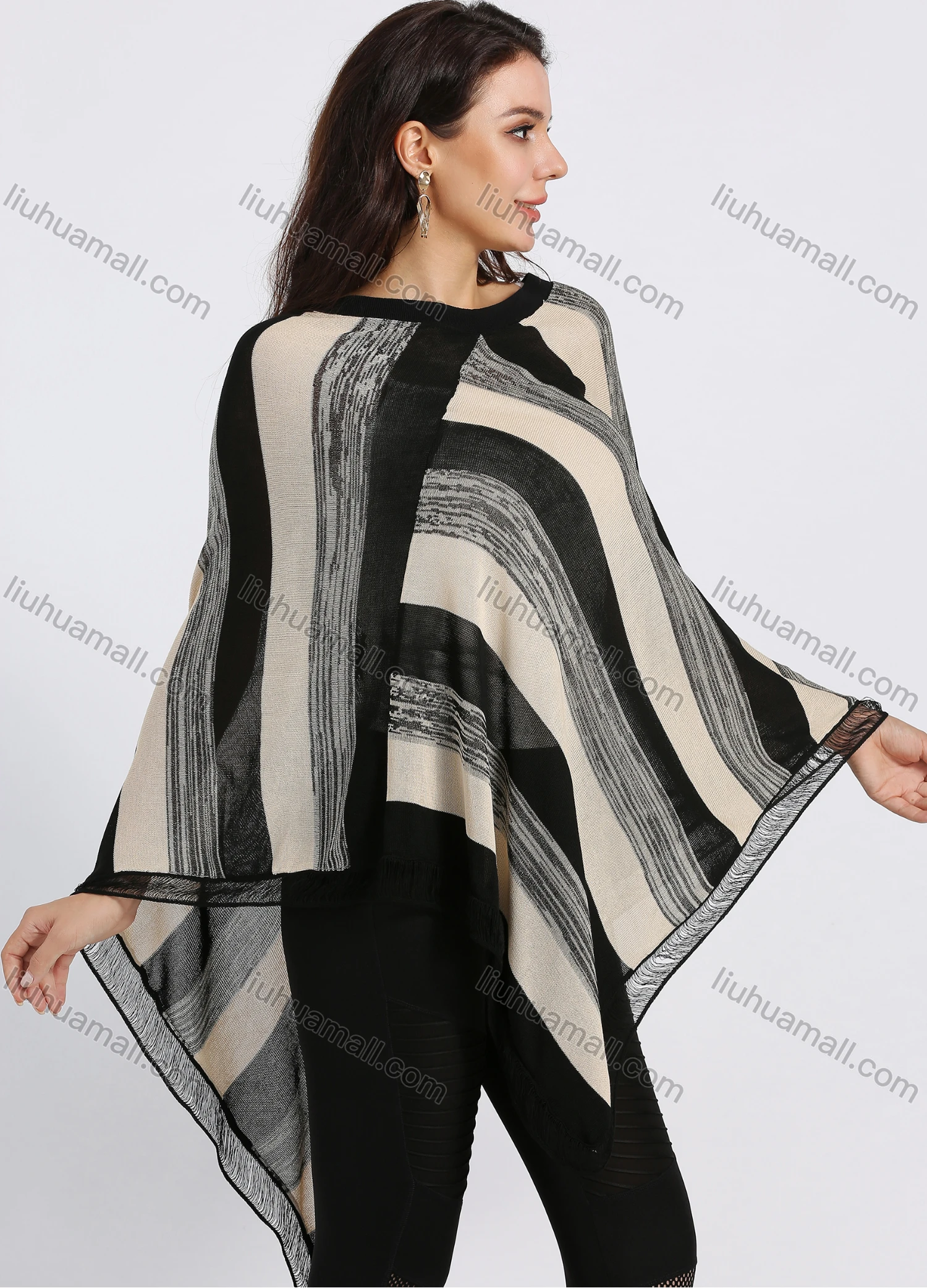 Wholesale Women's Stripe Colorblock Asymmetrical Lace Hem Boat Neck Poncho - Liuhuamall