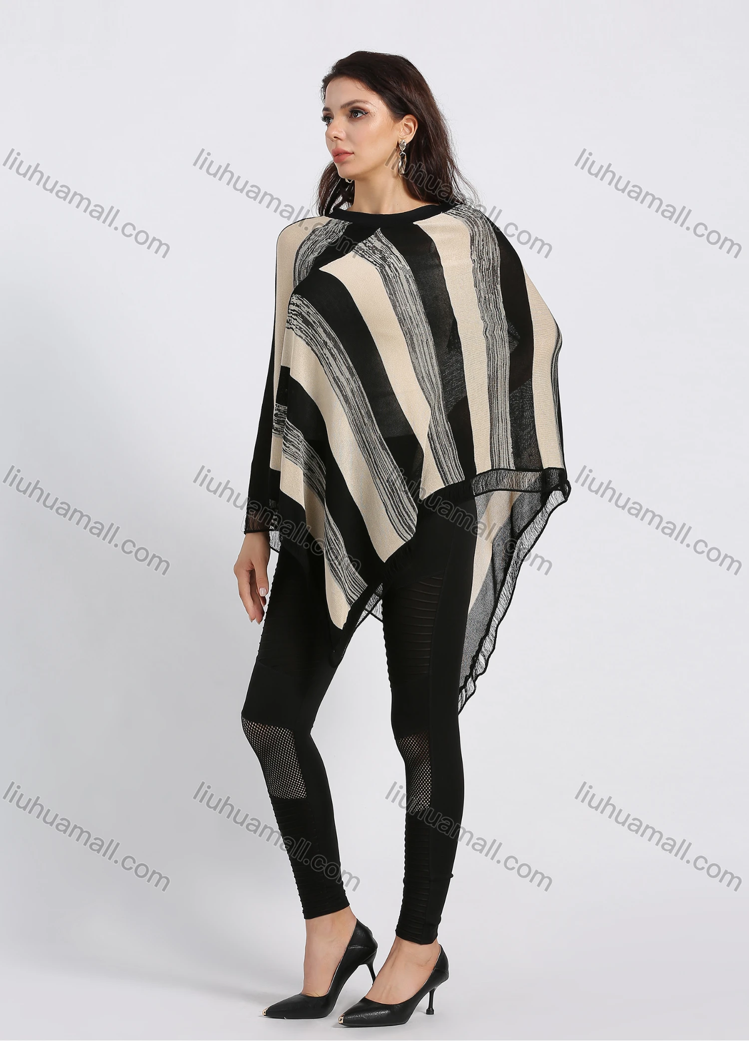 Wholesale Women's Stripe Colorblock Asymmetrical Lace Hem Boat Neck Poncho - Liuhuamall