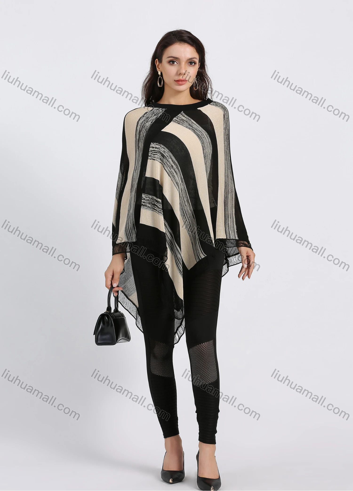 Wholesale Women's Stripe Colorblock Asymmetrical Lace Hem Boat Neck Poncho - Liuhuamall