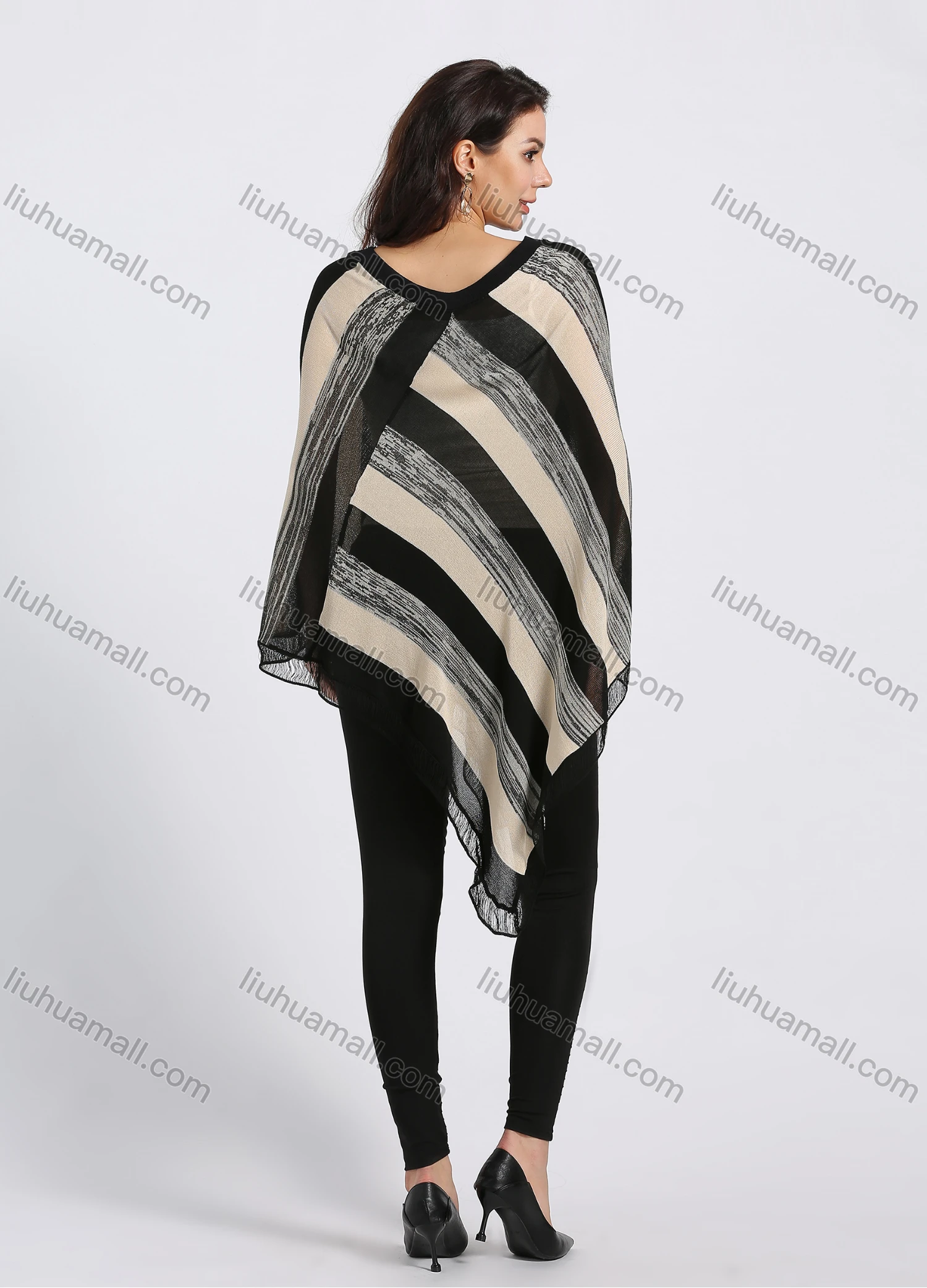 Wholesale Women's Stripe Colorblock Asymmetrical Lace Hem Boat Neck Poncho - Liuhuamall