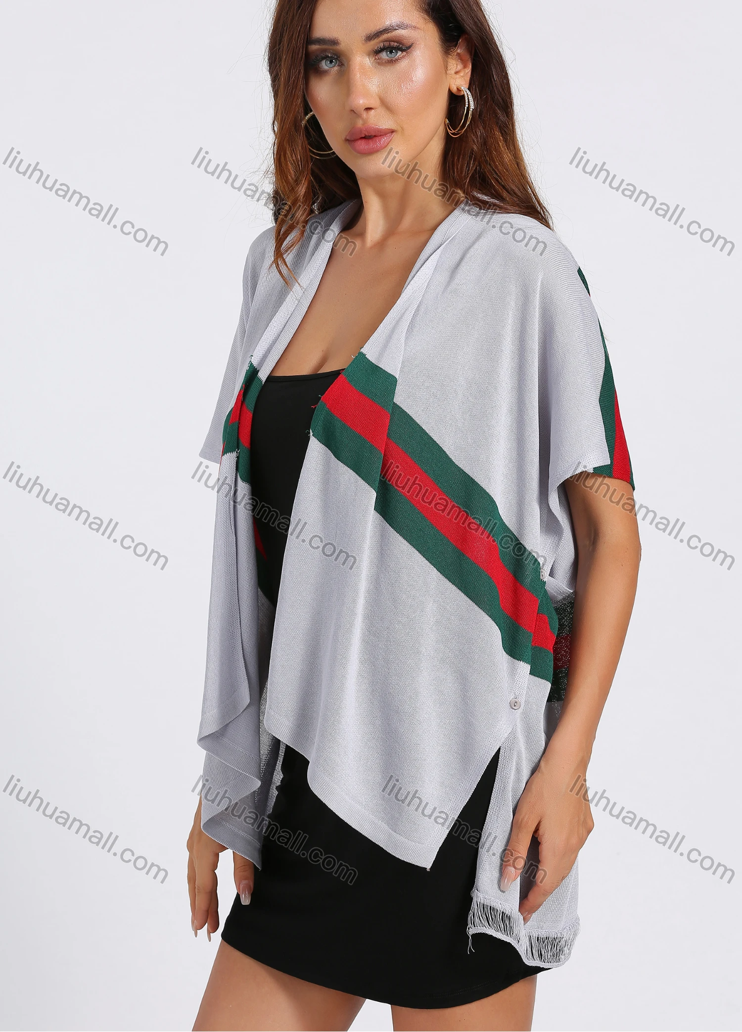 Wholesale Women's Stripe Colorblock Button Side Knitted Cape - Liuhuamall