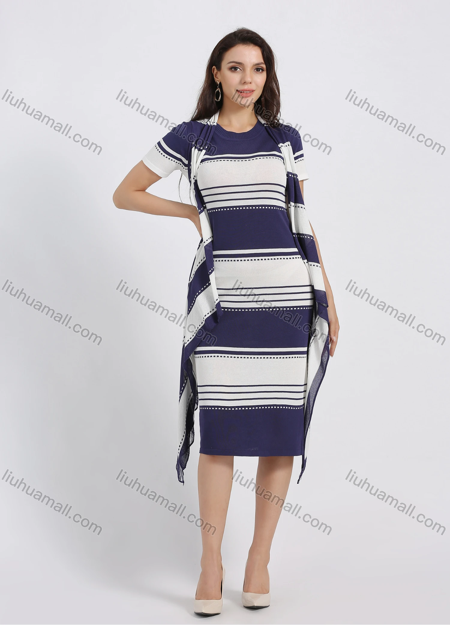 Wholesale Women's Striped Colorblock Slit Hem Rib Knit Dress Wtih Cardigan 2 Piece Set - Liuhuamall