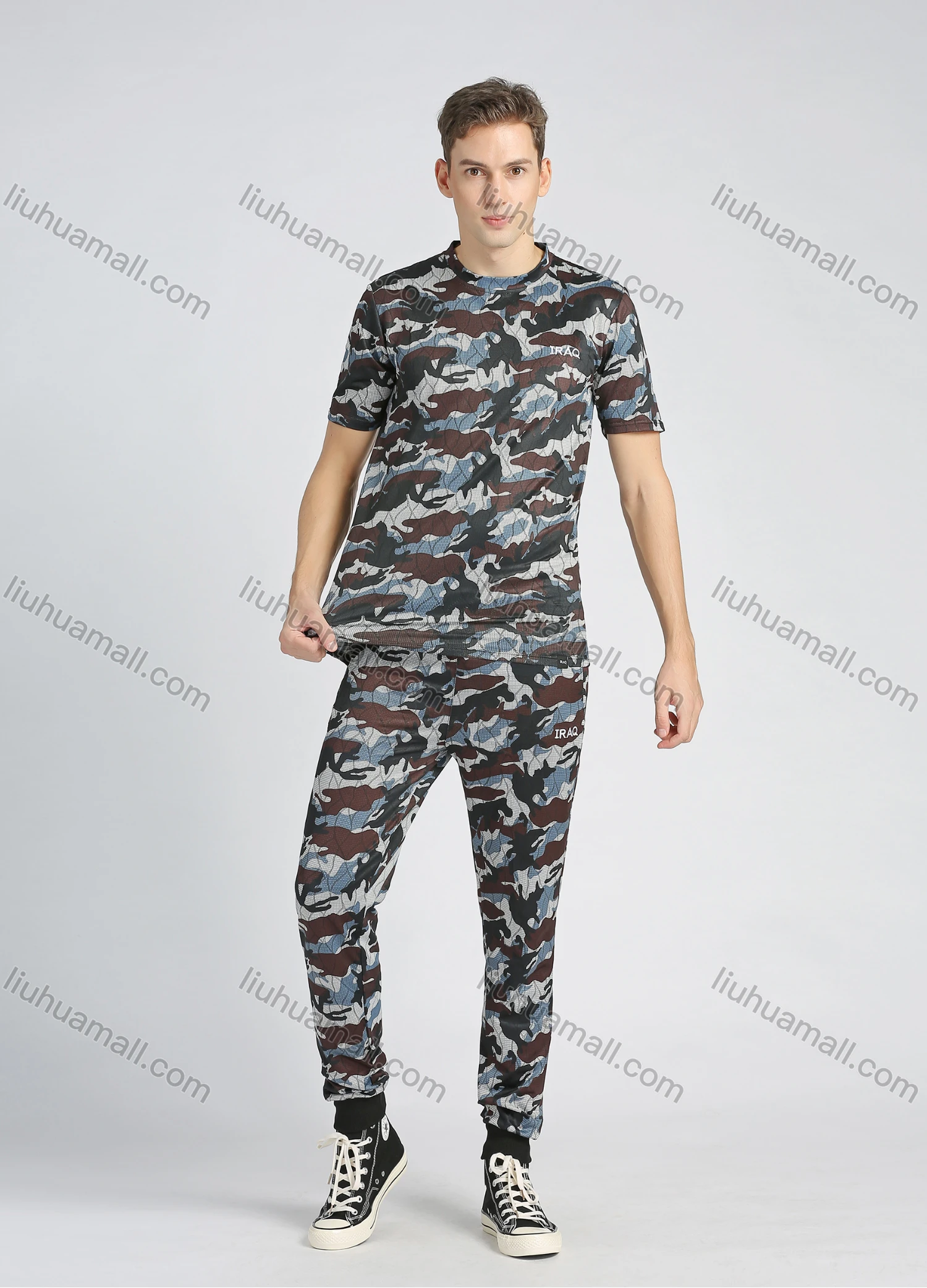 Wholesale Men's Fashion Allover Camo Print Short Sleeve T Shirt 2 Piece Set - Liuhuamall