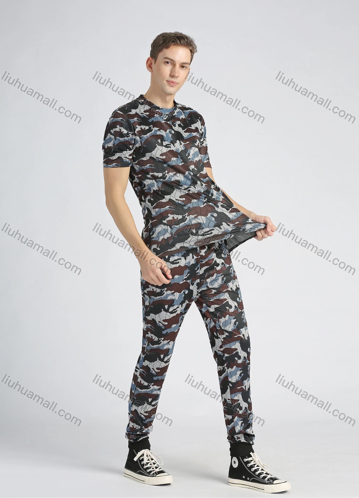 Wholesale Men's Fashion Allover Camo Print Short Sleeve T Shirt 2 Piece Set - Liuhuamall