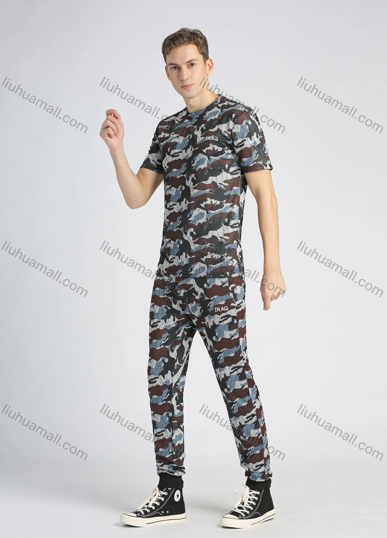 Wholesale Men's Fashion Allover Camo Print Short Sleeve T Shirt 2 Piece Set - Liuhuamall