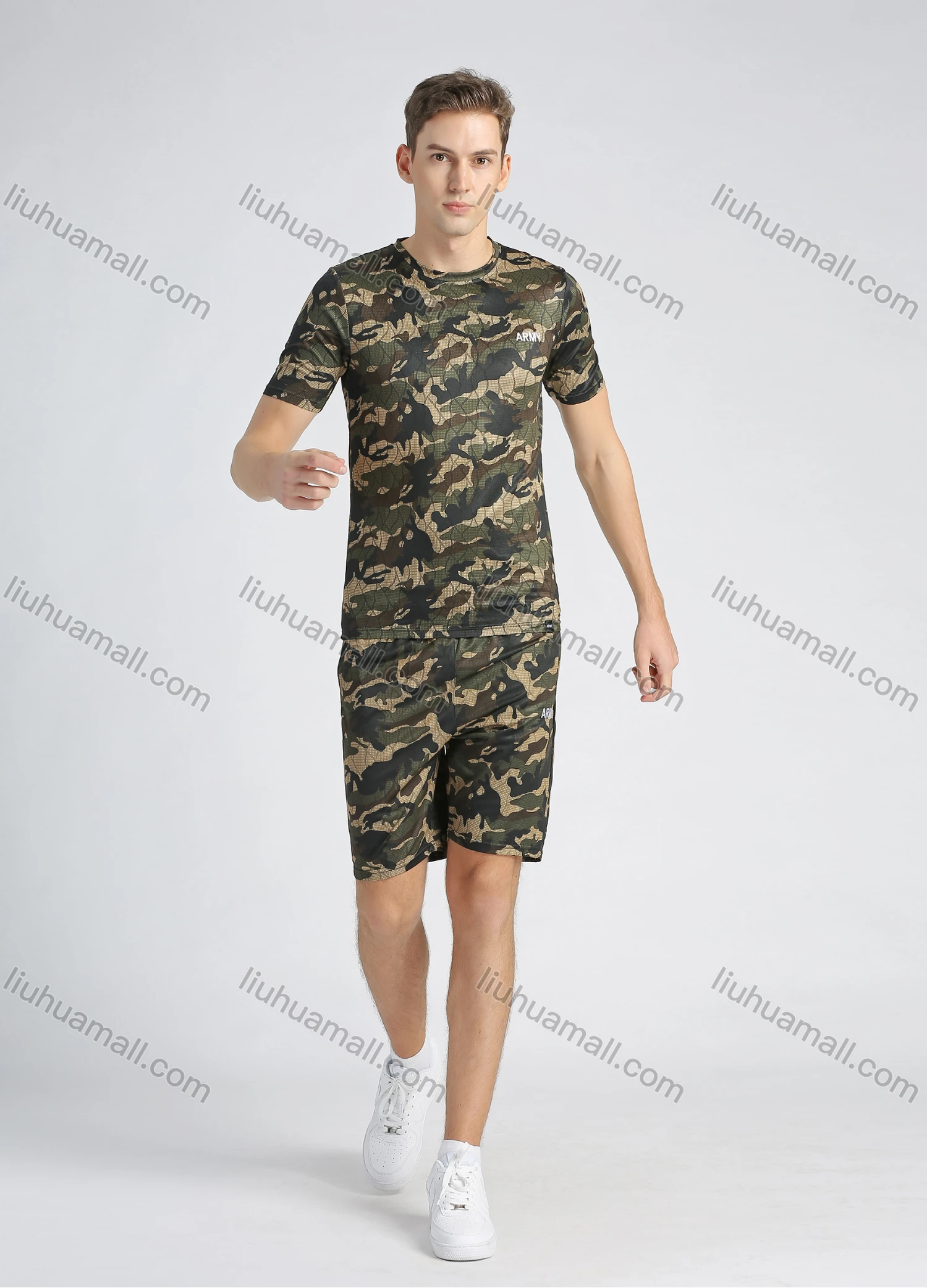 Wholesale Men's Allover Camo Print Short Sleeve T Shirt & Shorts 2 Piece Set - Liuhuamall
