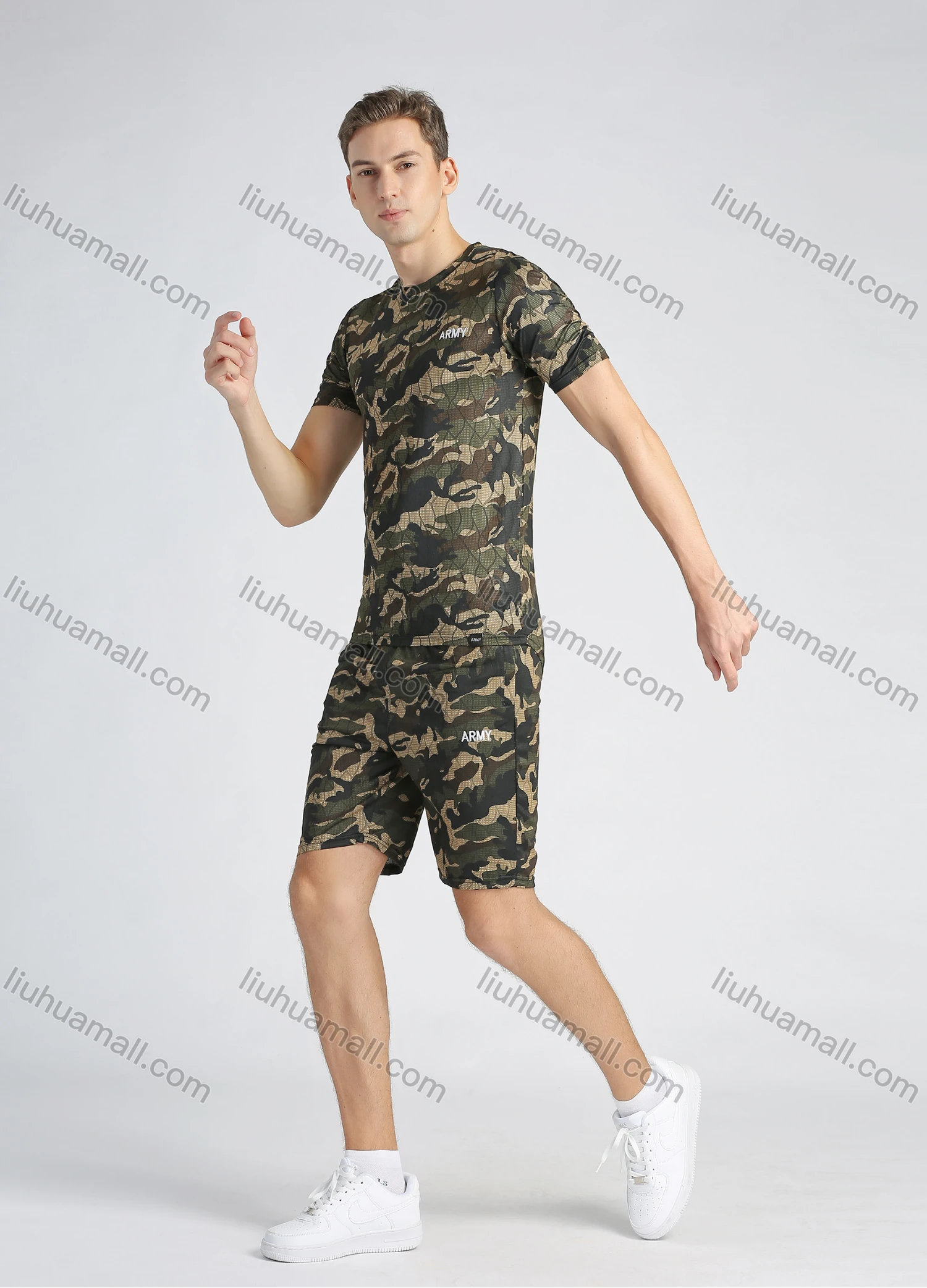 Wholesale Men's Allover Camo Print Short Sleeve T Shirt & Shorts 2 Piece Set - Liuhuamall