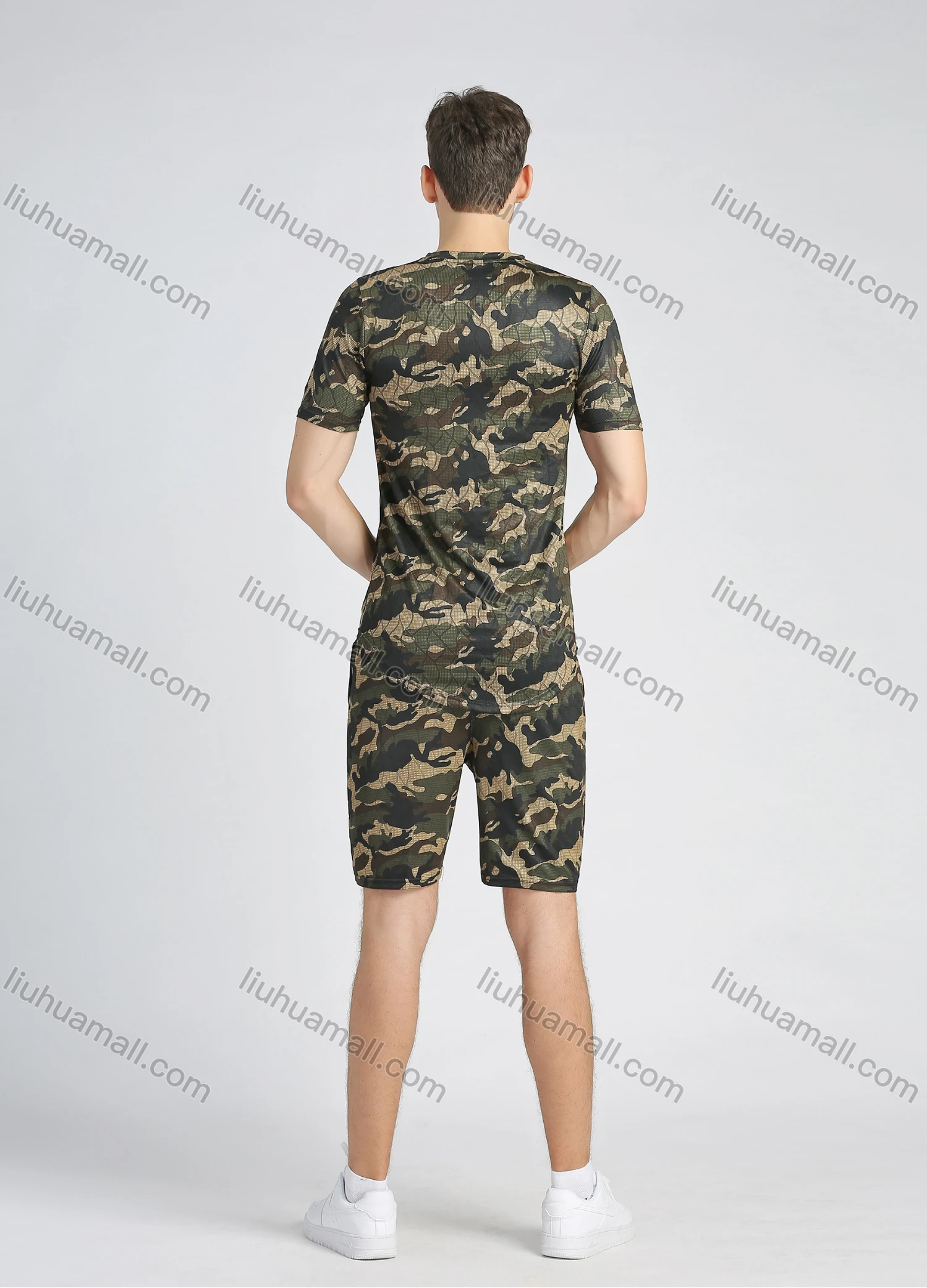 Wholesale Men's Allover Camo Print Short Sleeve T Shirt & Shorts 2 Piece Set - Liuhuamall