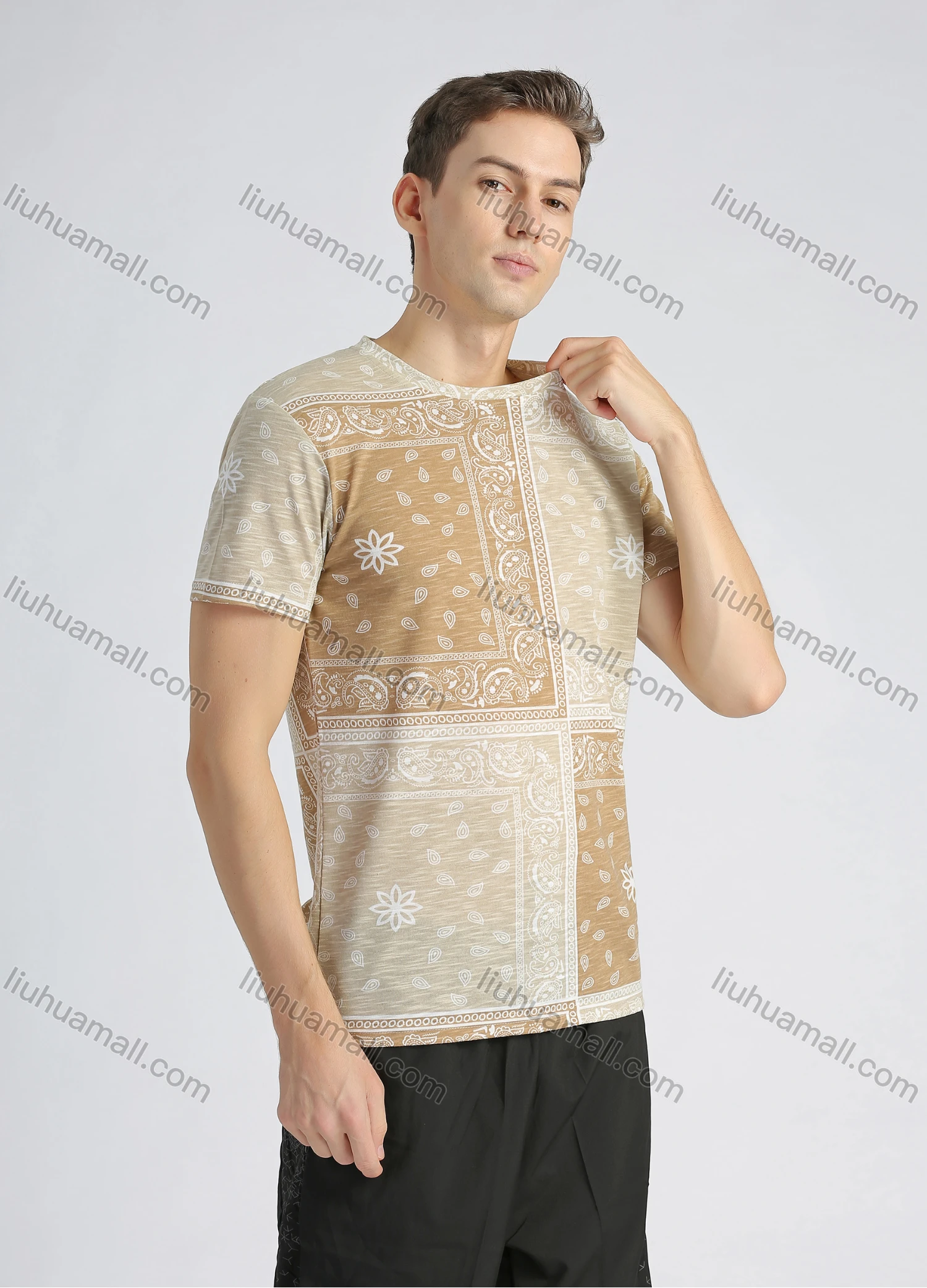 Wholesale Men's Cotton Casual Patchwork Paisley Print Short Sleeve Tee - Liuhuamall