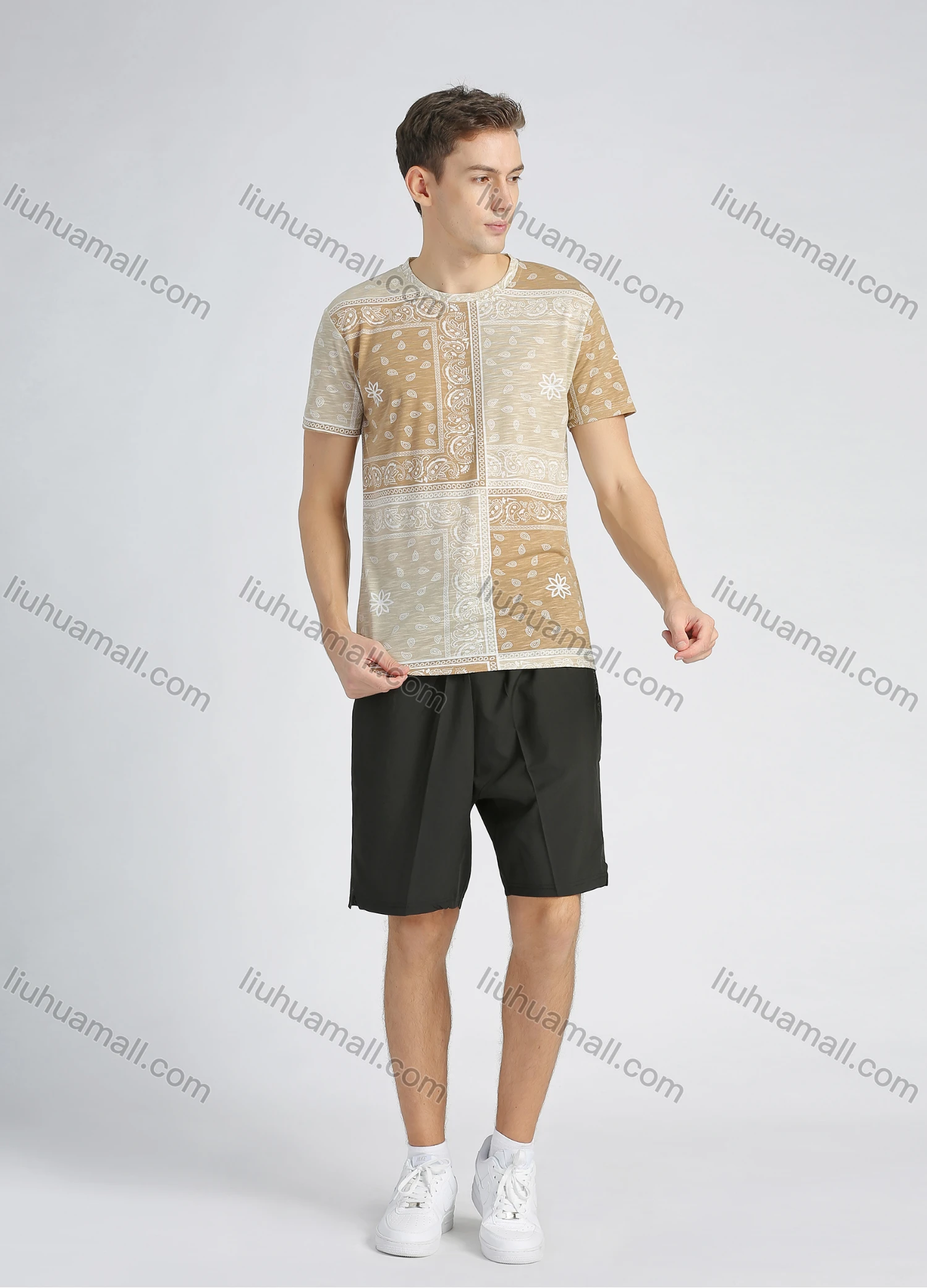 Wholesale Men's Cotton Casual Patchwork Paisley Print Short Sleeve Tee - Liuhuamall