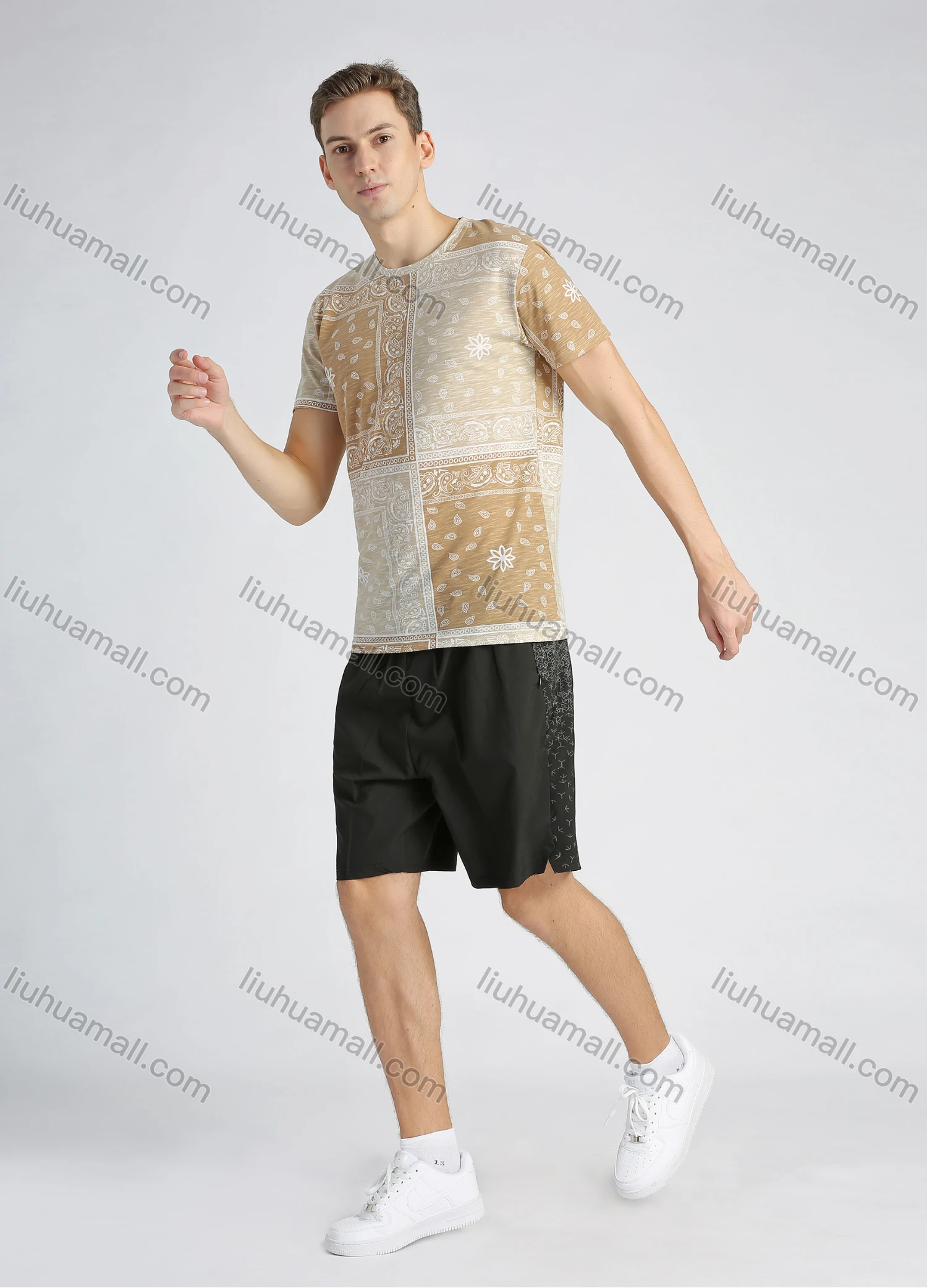 Wholesale Men's Cotton Casual Patchwork Paisley Print Short Sleeve Tee - Liuhuamall