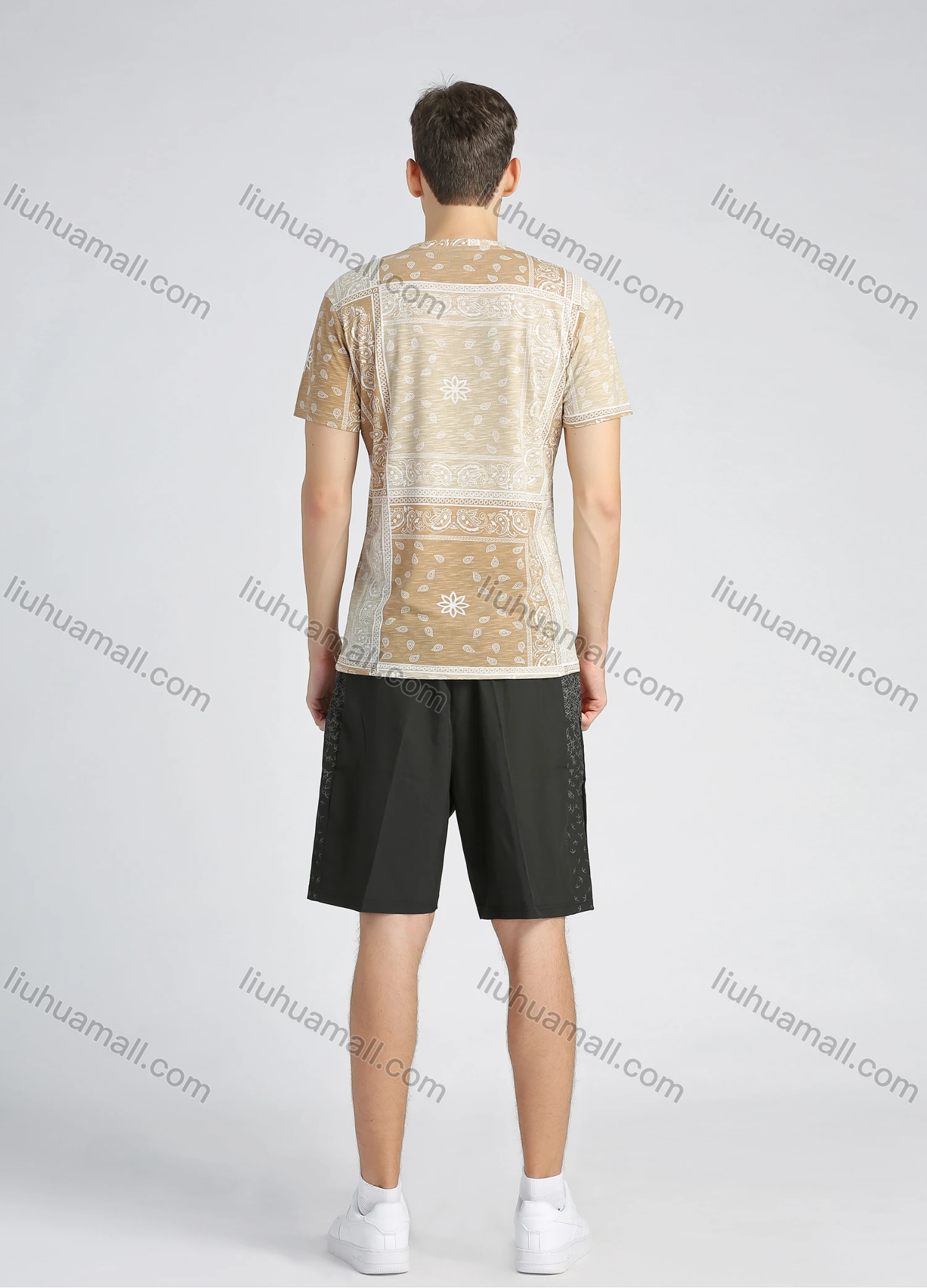 Wholesale Men's Cotton Casual Patchwork Paisley Print Short Sleeve Tee - Liuhuamall
