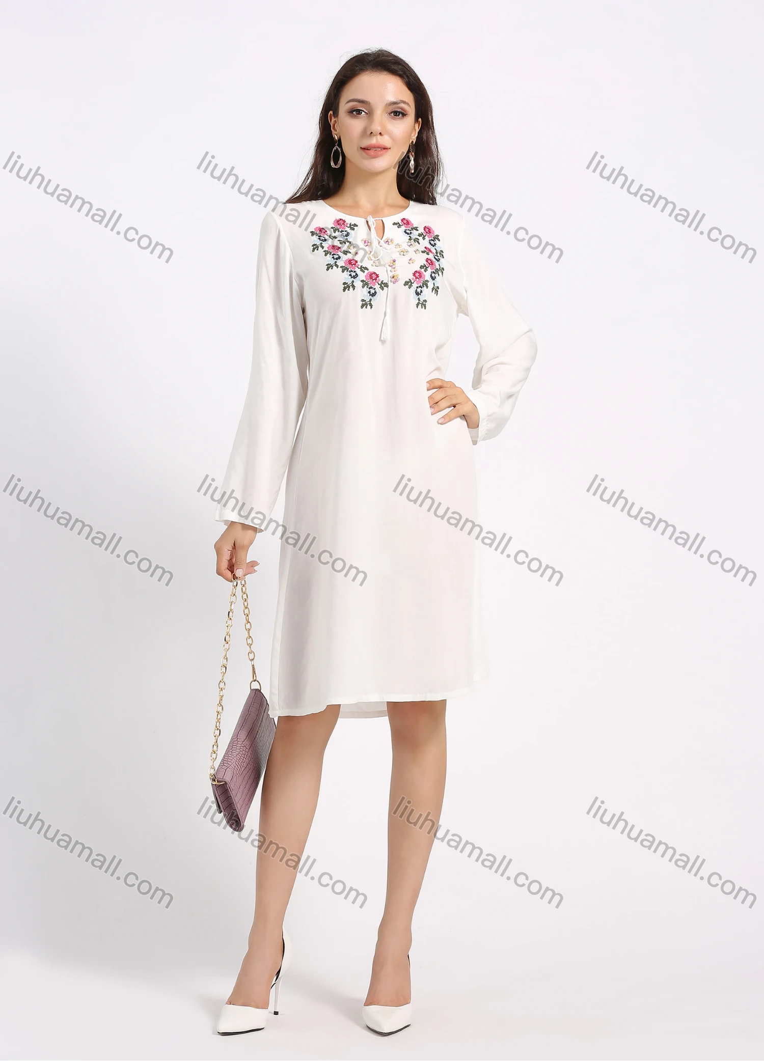 Wholesale Women's Keyhole Neck Long Sleeve Floral Embroidery Knee Length Dress - Liuhuamall