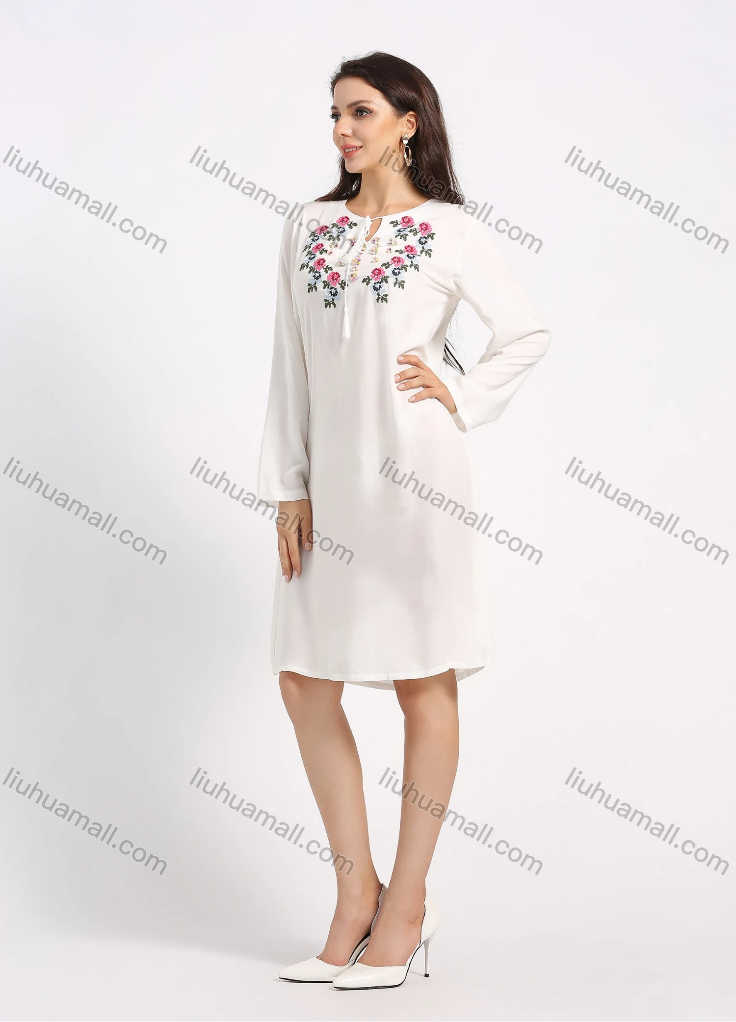 Wholesale Women's Keyhole Neck Long Sleeve Floral Embroidery Knee Length Dress - Liuhuamall