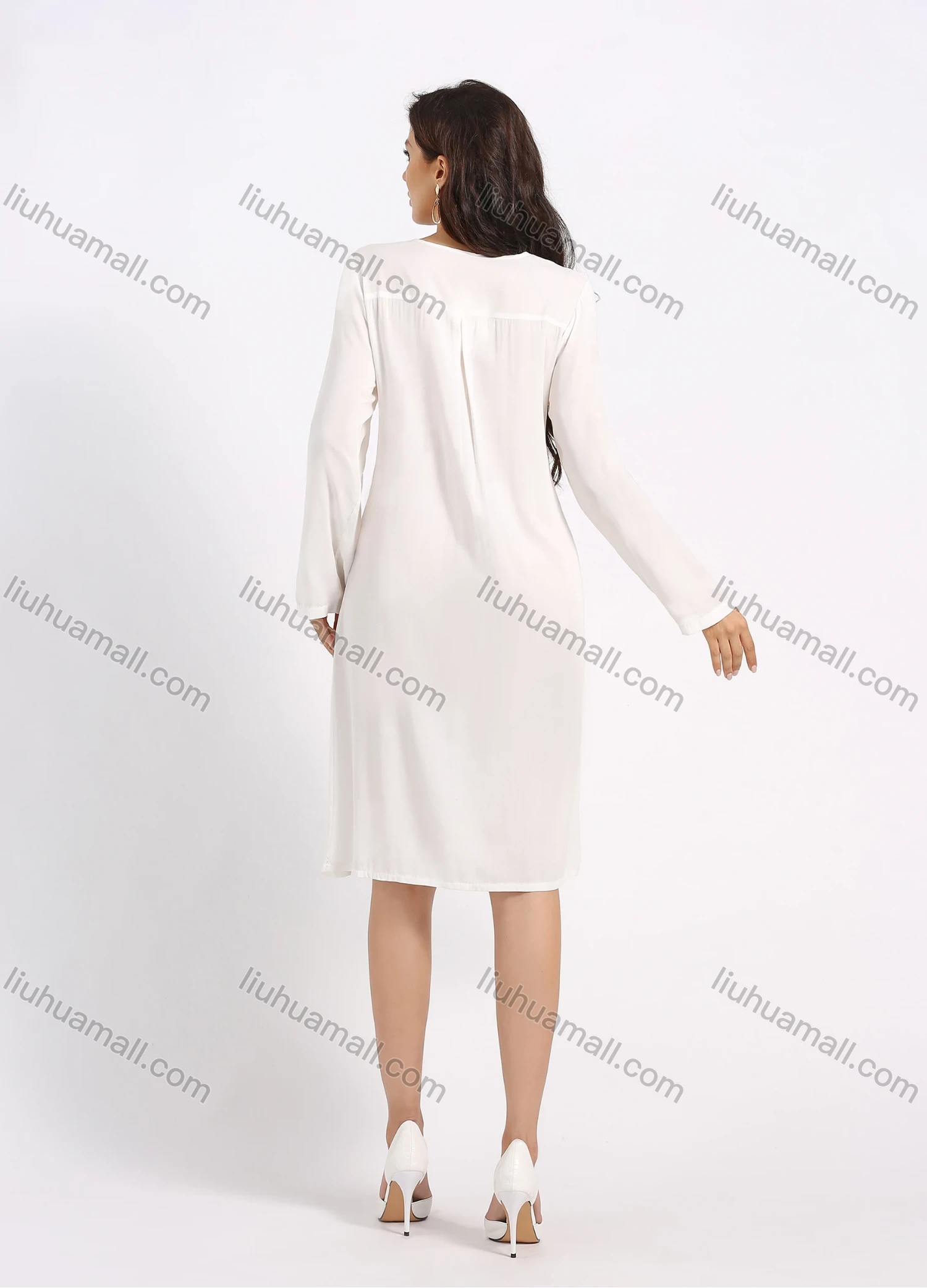 Wholesale Women's Keyhole Neck Long Sleeve Floral Embroidery Knee Length Dress - Liuhuamall