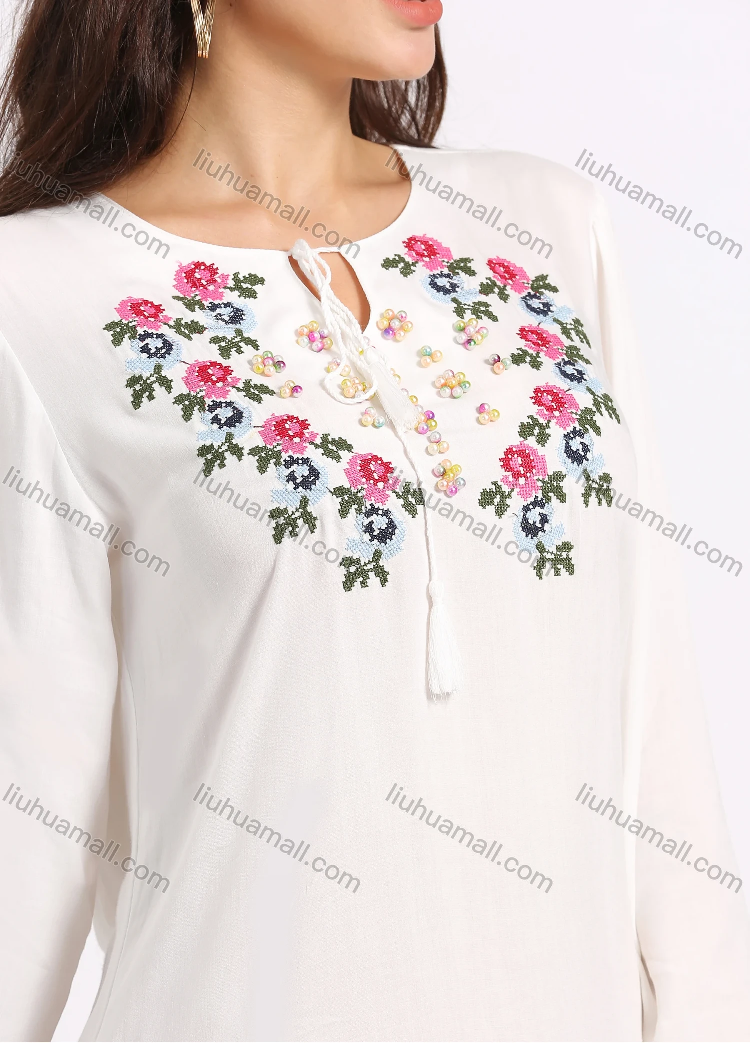 Wholesale Women's Keyhole Neck Long Sleeve Floral Embroidery Knee Length Dress - Liuhuamall