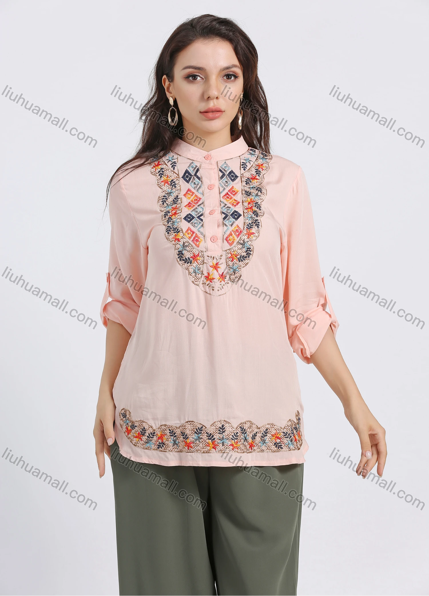 Wholesale Women's Stand Collar Floral Embroidery Button Front Long Sleeve Buckle Strap Cuff Blouse - Liuhuamall