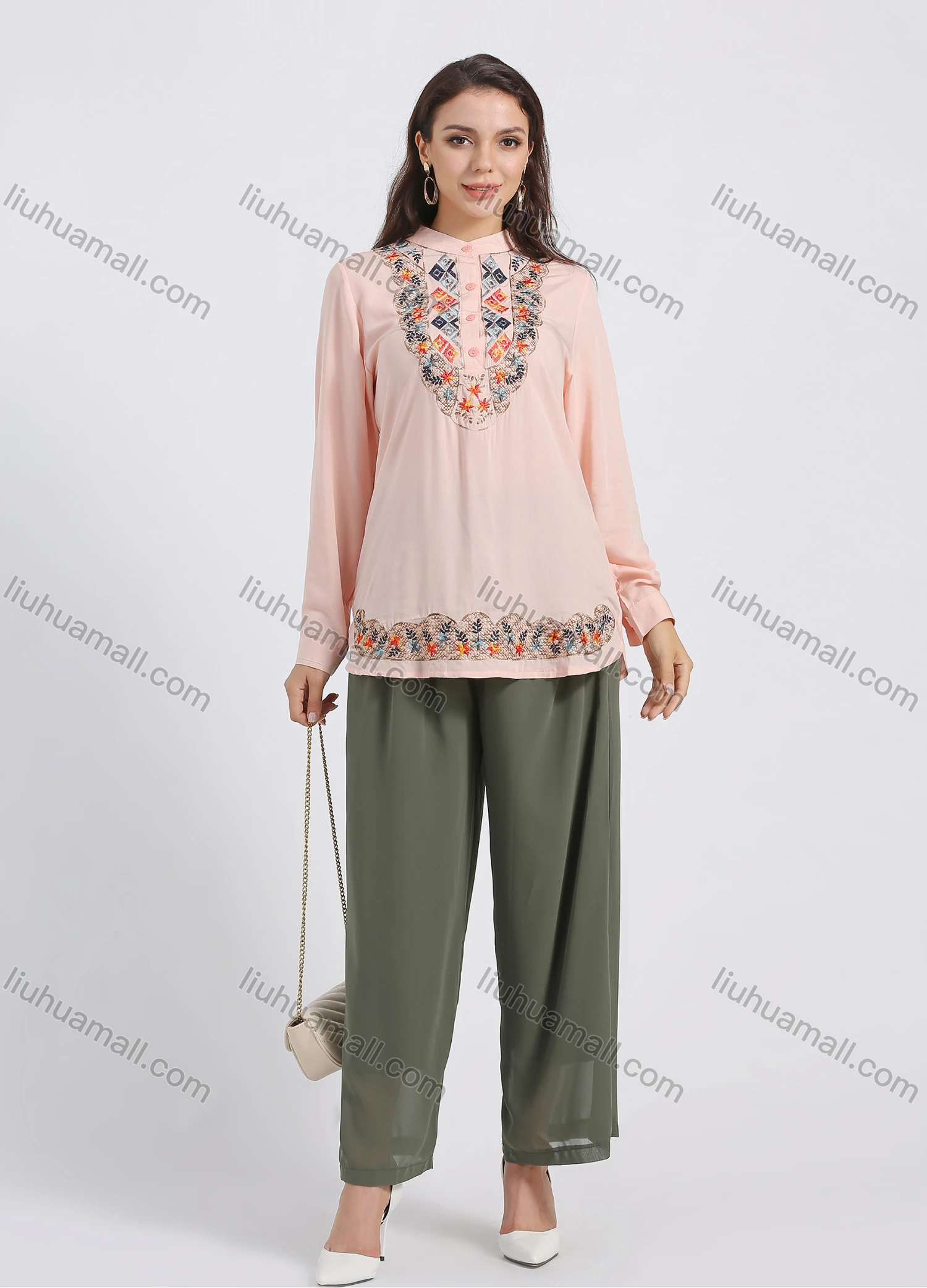 Wholesale Women's Stand Collar Floral Embroidery Button Front Long Sleeve Buckle Strap Cuff Blouse - Liuhuamall