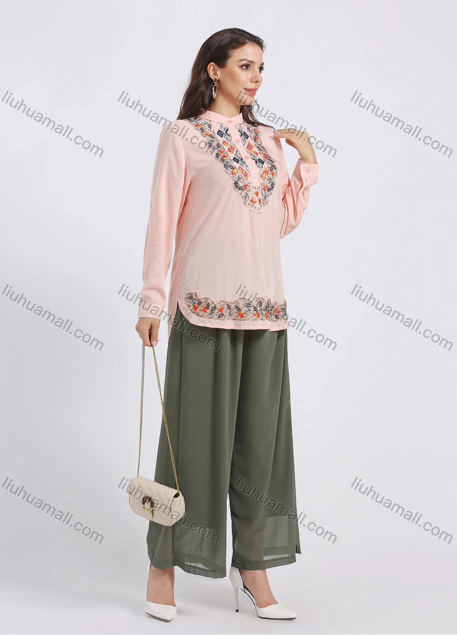 Wholesale Women's Stand Collar Floral Embroidery Button Front Long Sleeve Buckle Strap Cuff Blouse - Liuhuamall