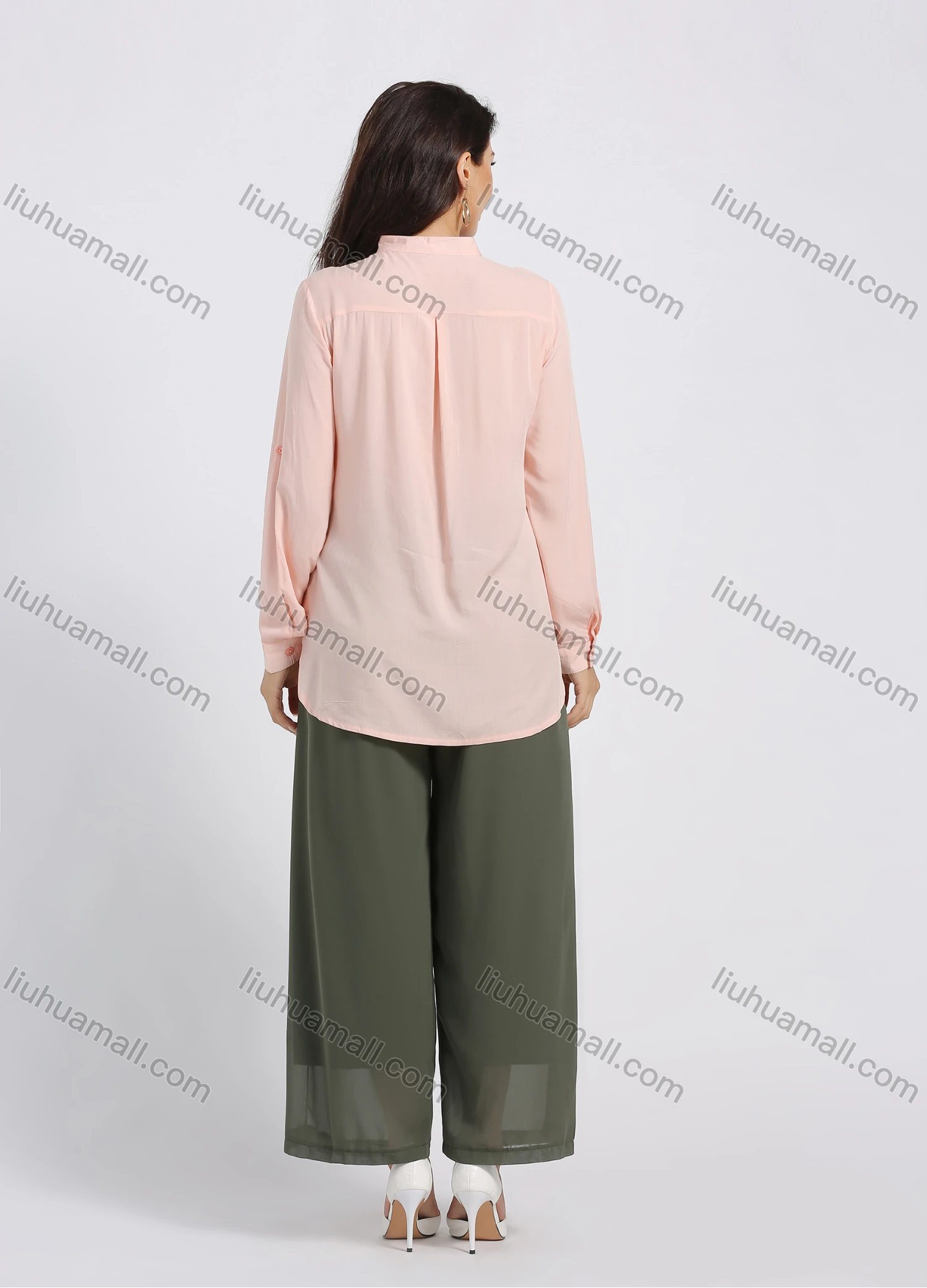 Wholesale Women's Stand Collar Floral Embroidery Button Front Long Sleeve Buckle Strap Cuff Blouse - Liuhuamall