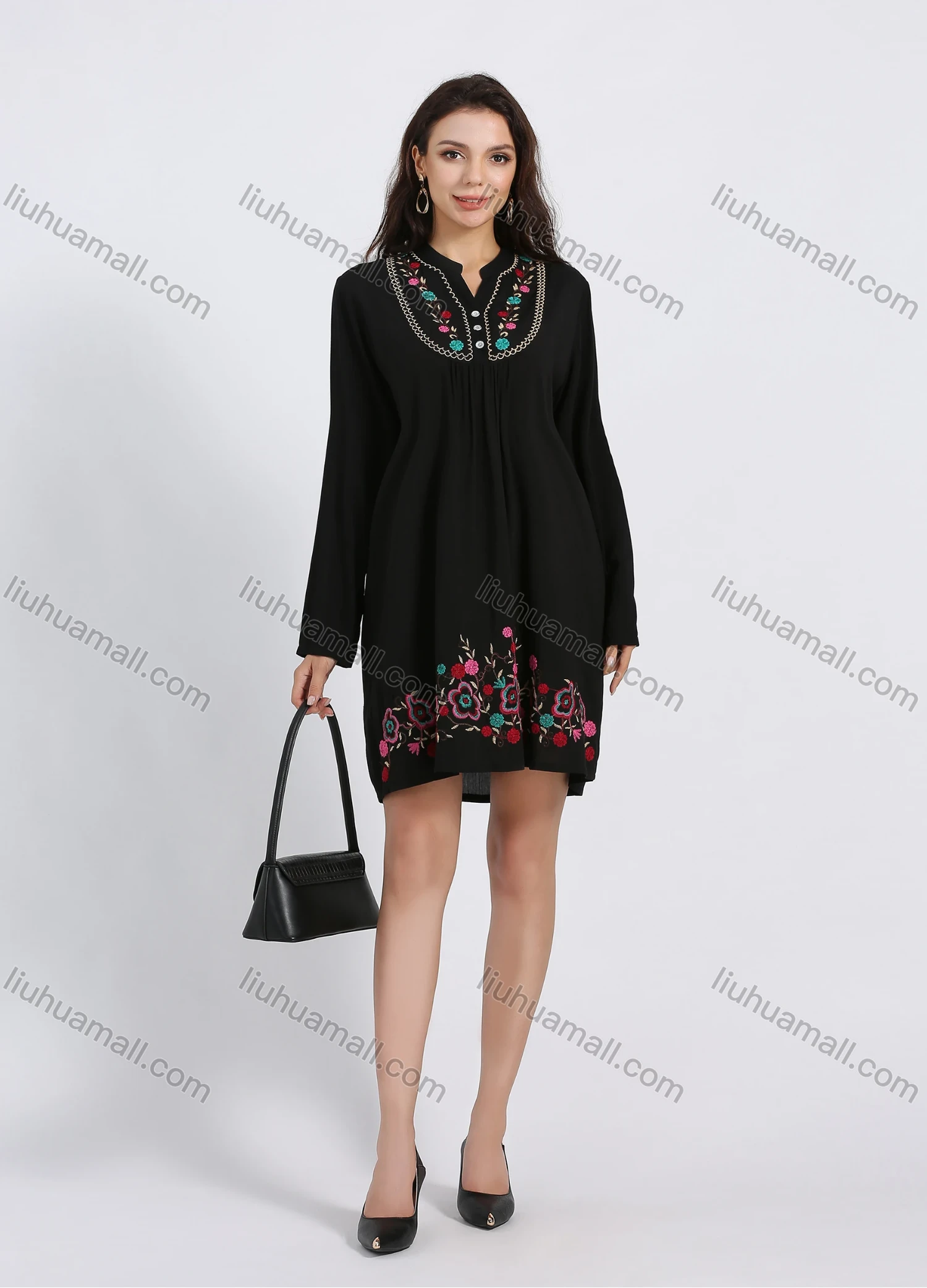 Wholesale Women's Notch Neck Long Sleeve Embroidery Knee Length Dress - Liuhuamall