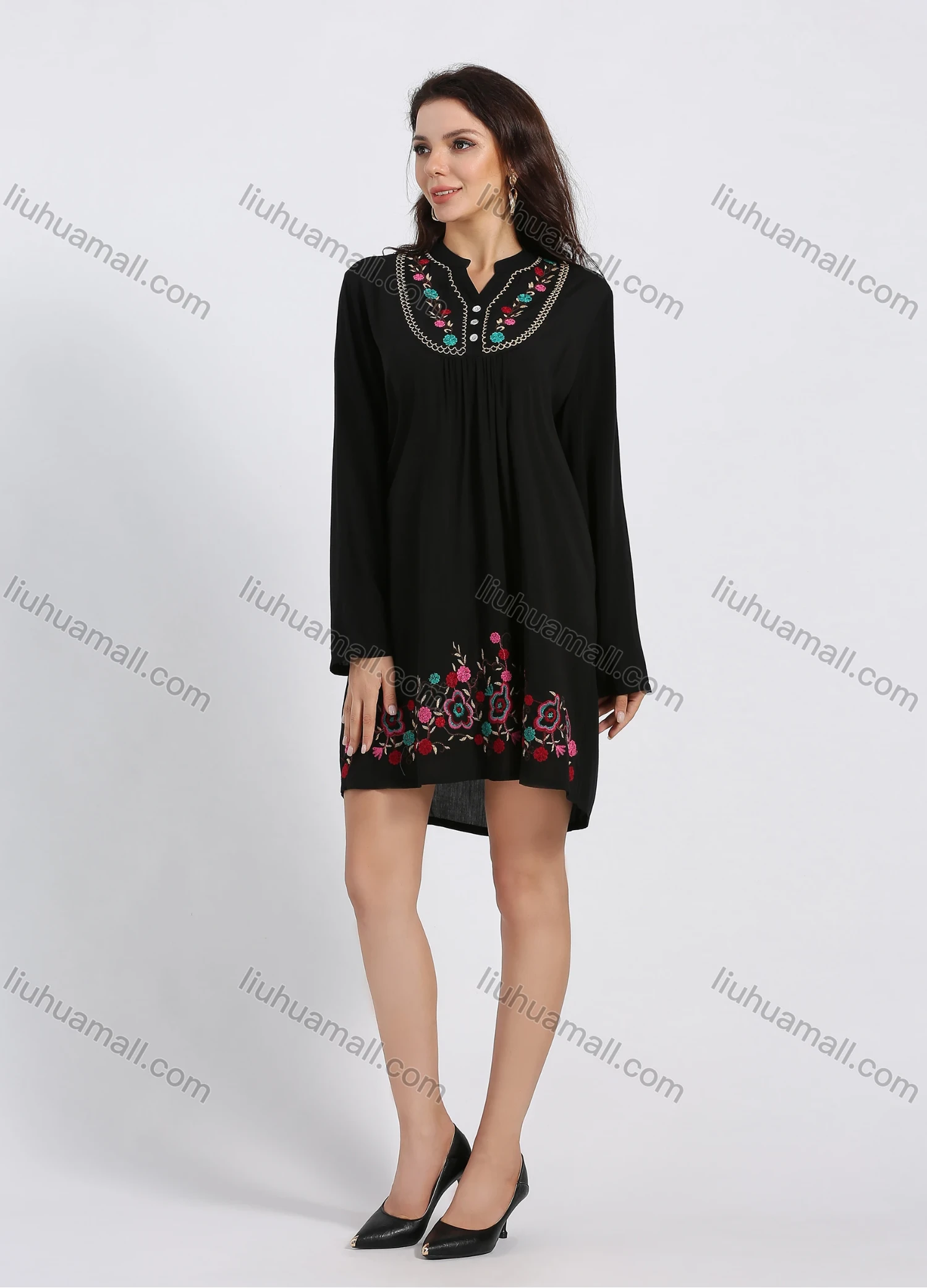 Wholesale Women's Notch Neck Long Sleeve Embroidery Knee Length Dress - Liuhuamall