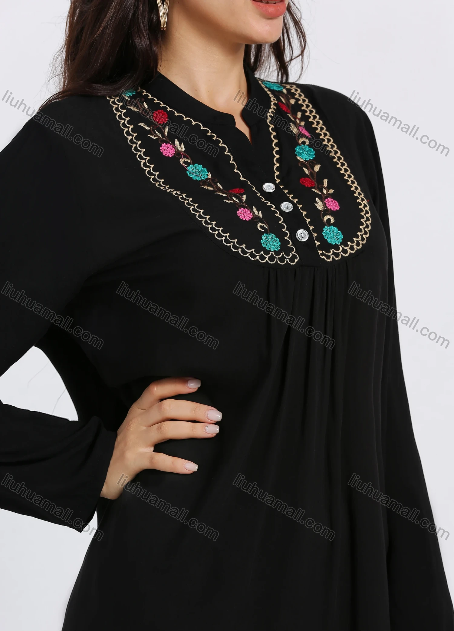 Wholesale Women's Notch Neck Long Sleeve Embroidery Knee Length Dress - Liuhuamall