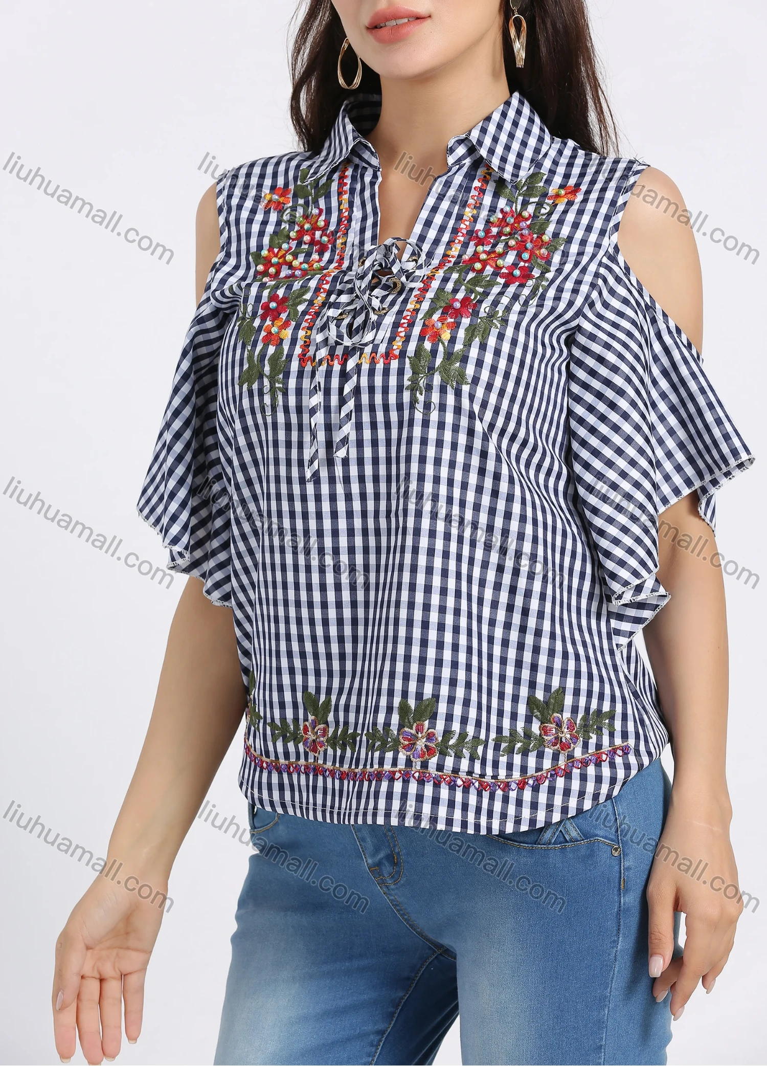 Wholesale Women's Collared Gingham Print Cold Shoulder Floral Embroidery Blouse - Liuhuamall