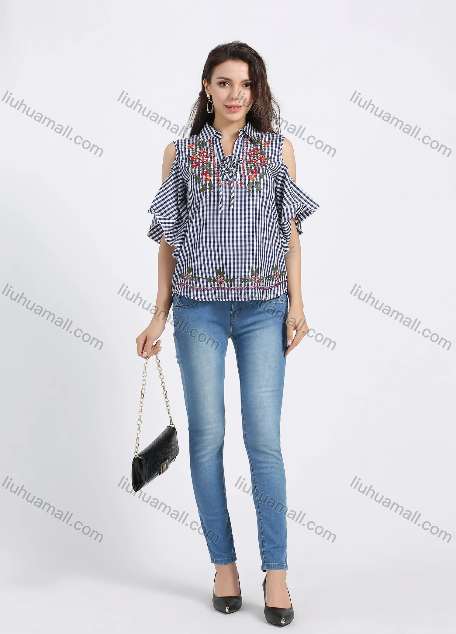 Wholesale Women's Collared Gingham Print Cold Shoulder Floral Embroidery Blouse - Liuhuamall