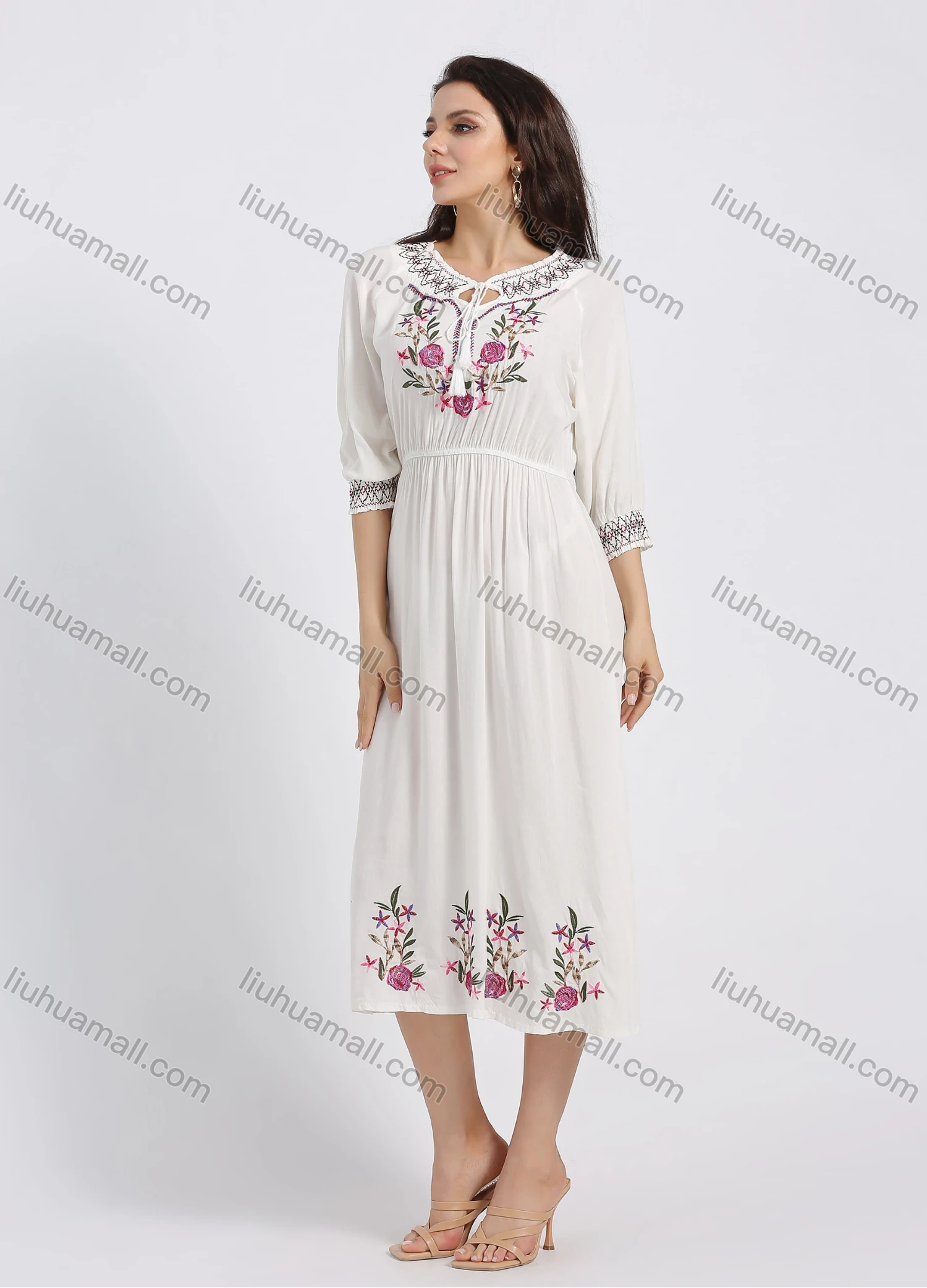 Wholesale Women's Keyhole-Neck Haft Sleeve High Waist Floral Embroidery Midi Dress - Liuhuamall