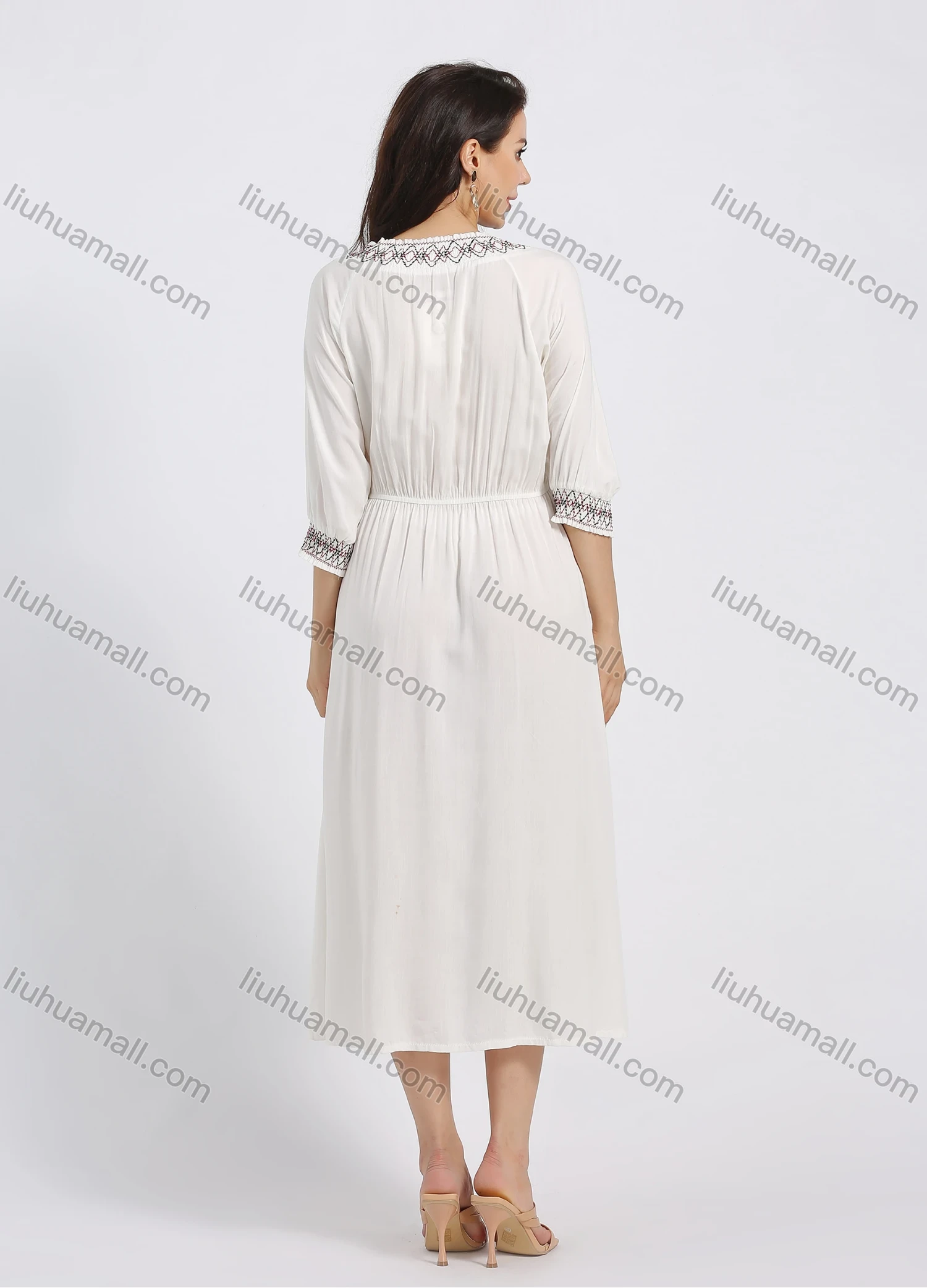 Wholesale Women's Keyhole-Neck Haft Sleeve High Waist Floral Embroidery Midi Dress - Liuhuamall