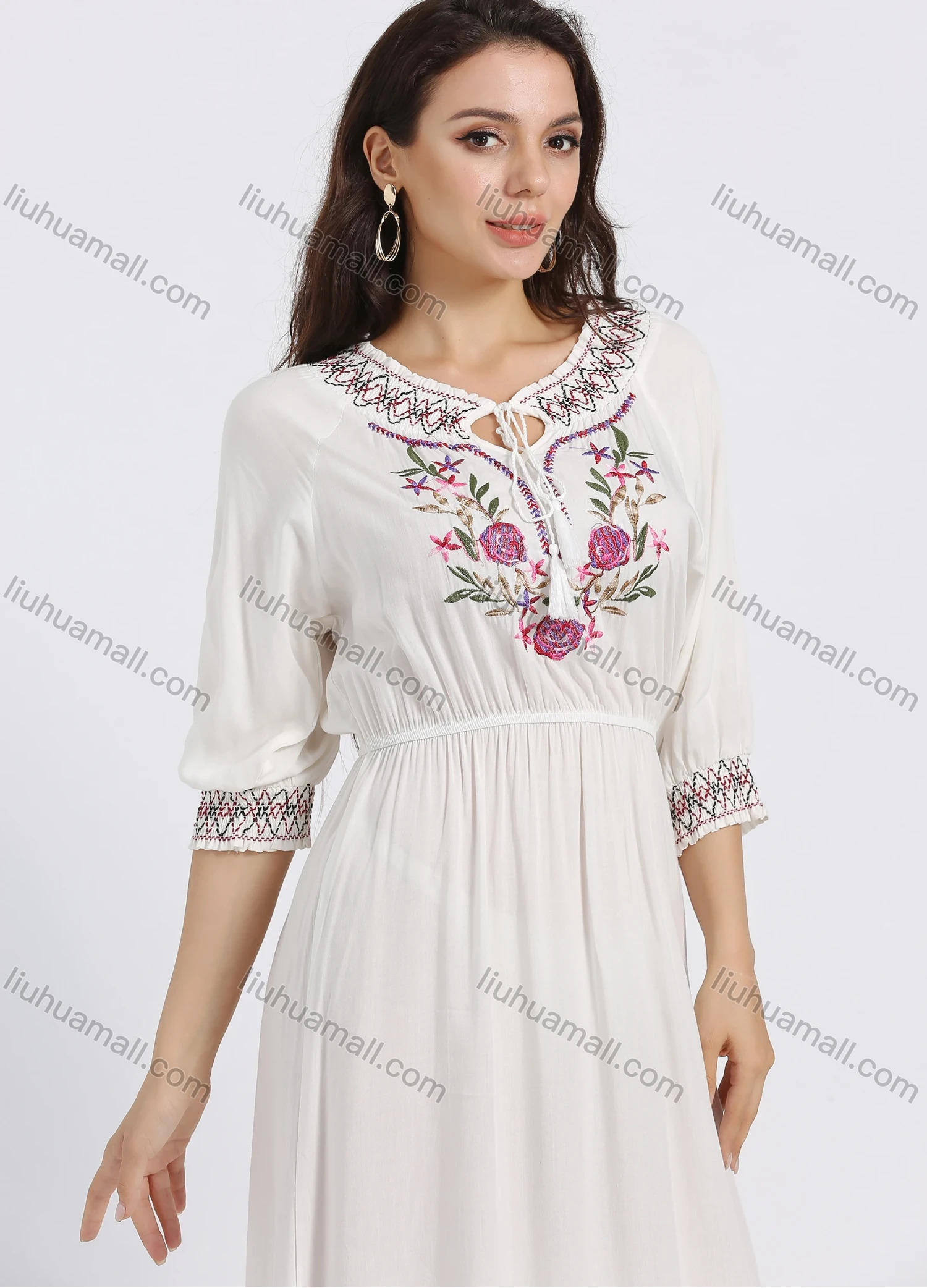 Wholesale Women's Keyhole-Neck Haft Sleeve High Waist Floral Embroidery Midi Dress - Liuhuamall