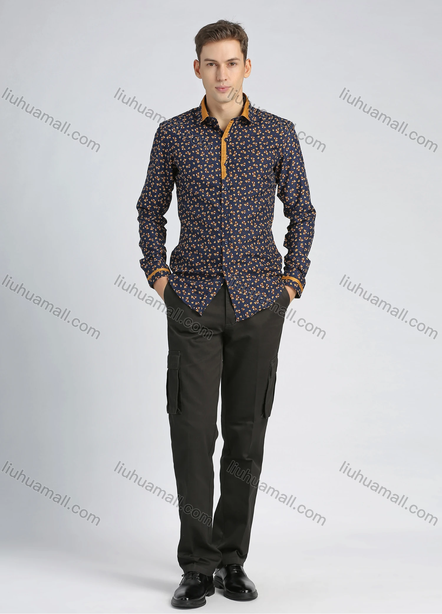 Wholesale Men's Fashion Slim Fit Floral Print Button Down Casual Shirt - Liuhuamall