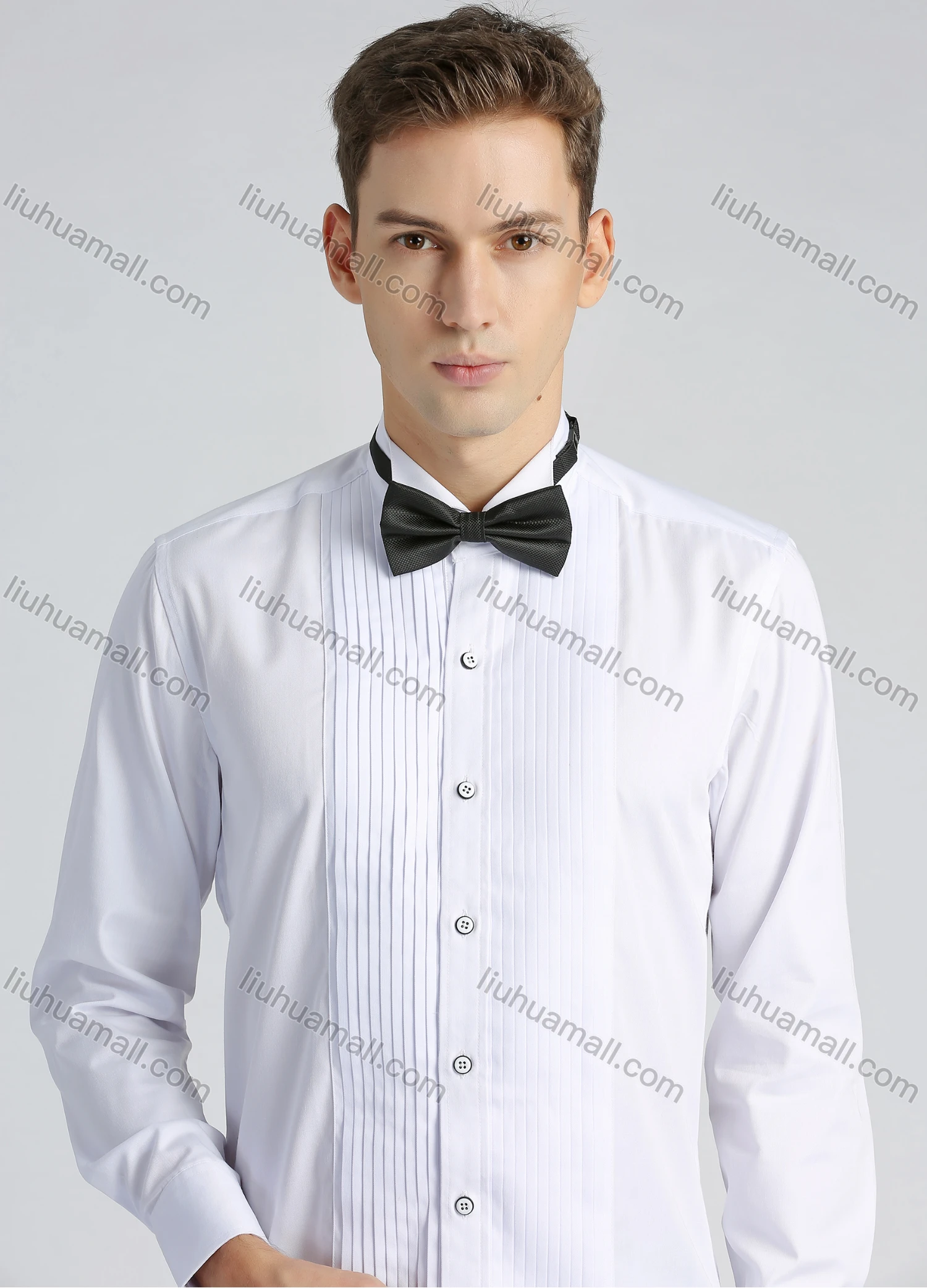 Wholesale Men's Formal Pleated Front Long Sleeve Dress Shirt With Tie Knot - Liuhuamall
