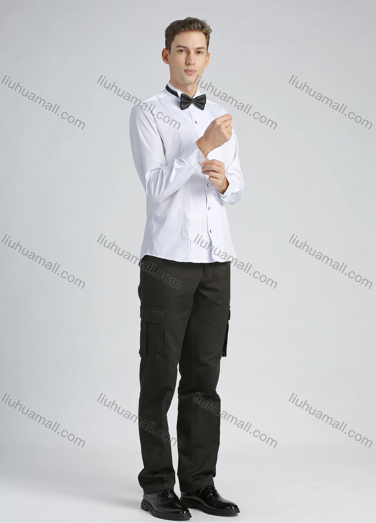 Wholesale Men's Formal Pleated Front Long Sleeve Dress Shirt With Tie Knot - Liuhuamall