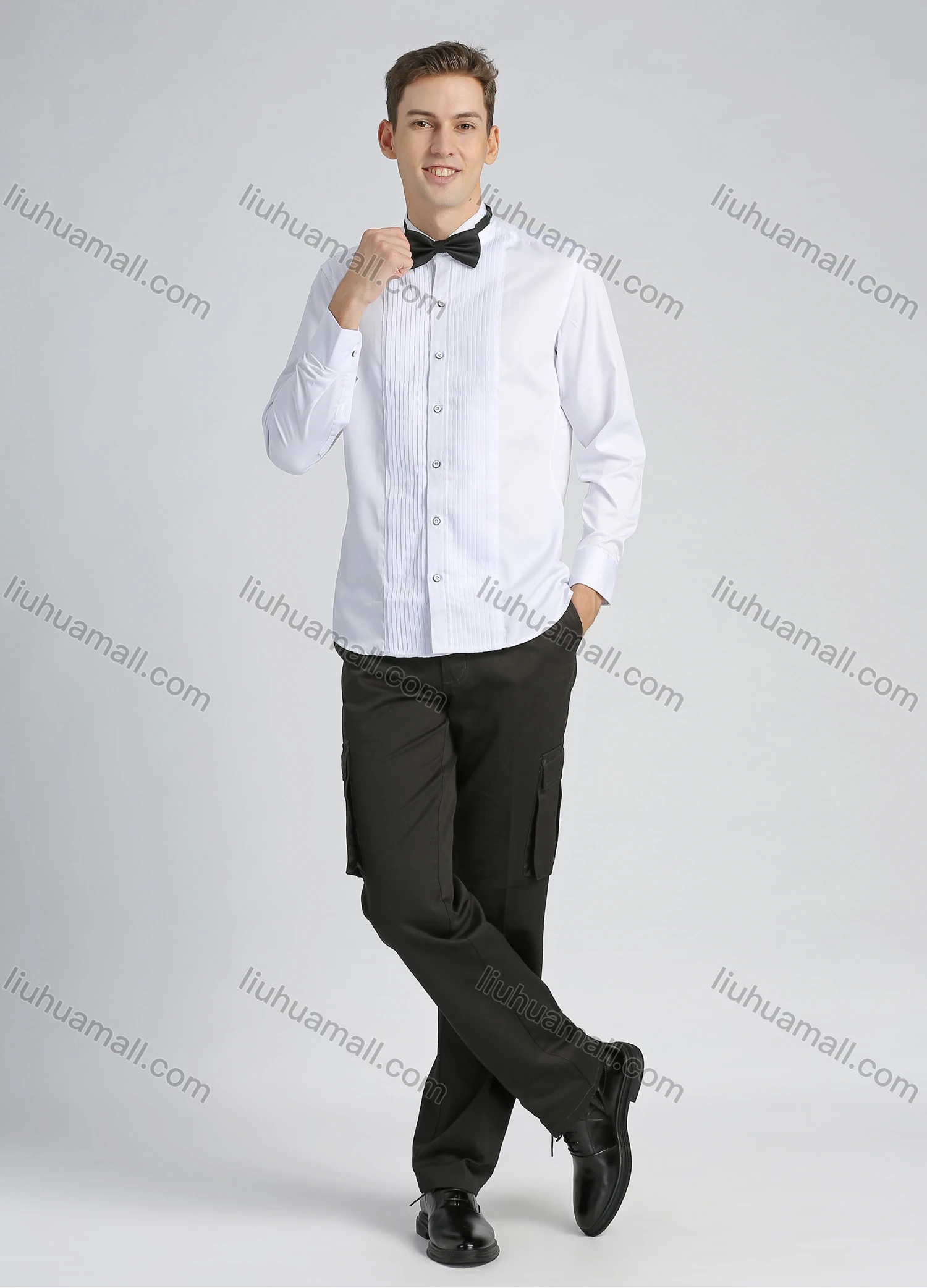 Wholesale Men's Formal Pleated Front Long Sleeve Dress Shirt With Tie Knot - Liuhuamall