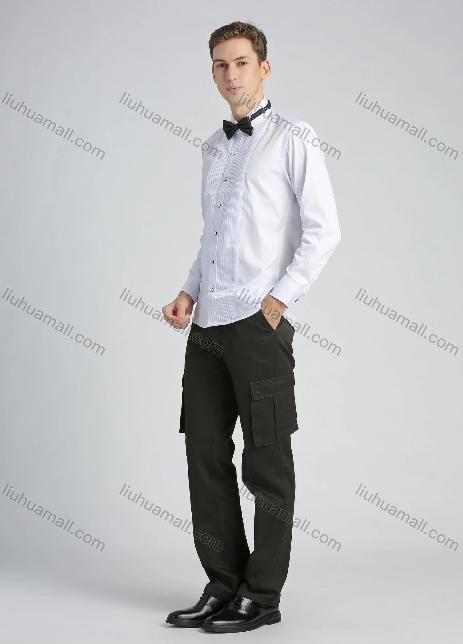 Wholesale Men's Formal Pleated Front Long Sleeve Dress Shirt With Tie Knot - Liuhuamall