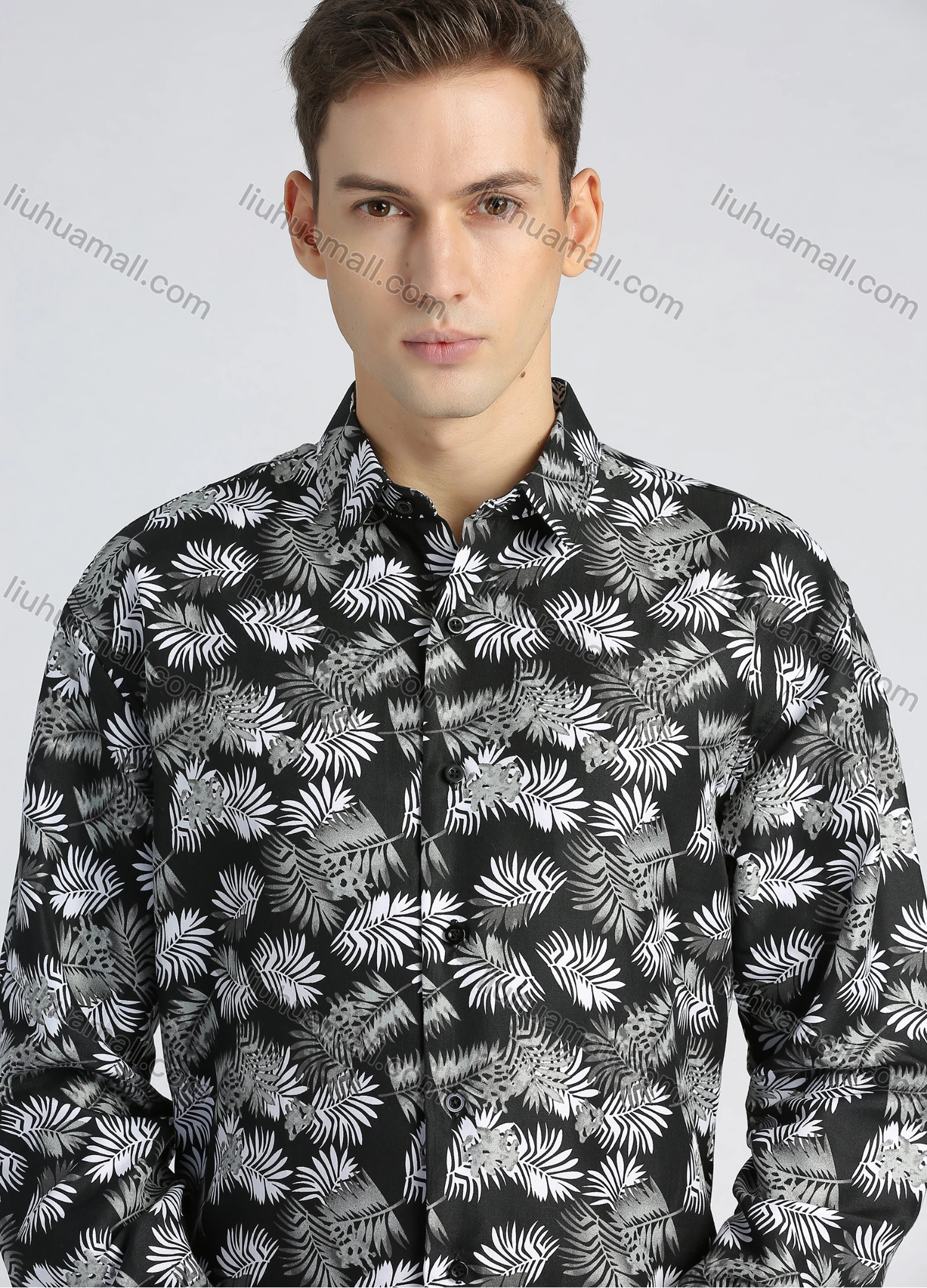 Wholesale Men's Casual Allover Plants Print Button Down Long Sleeve Shirt - Liuhuamall