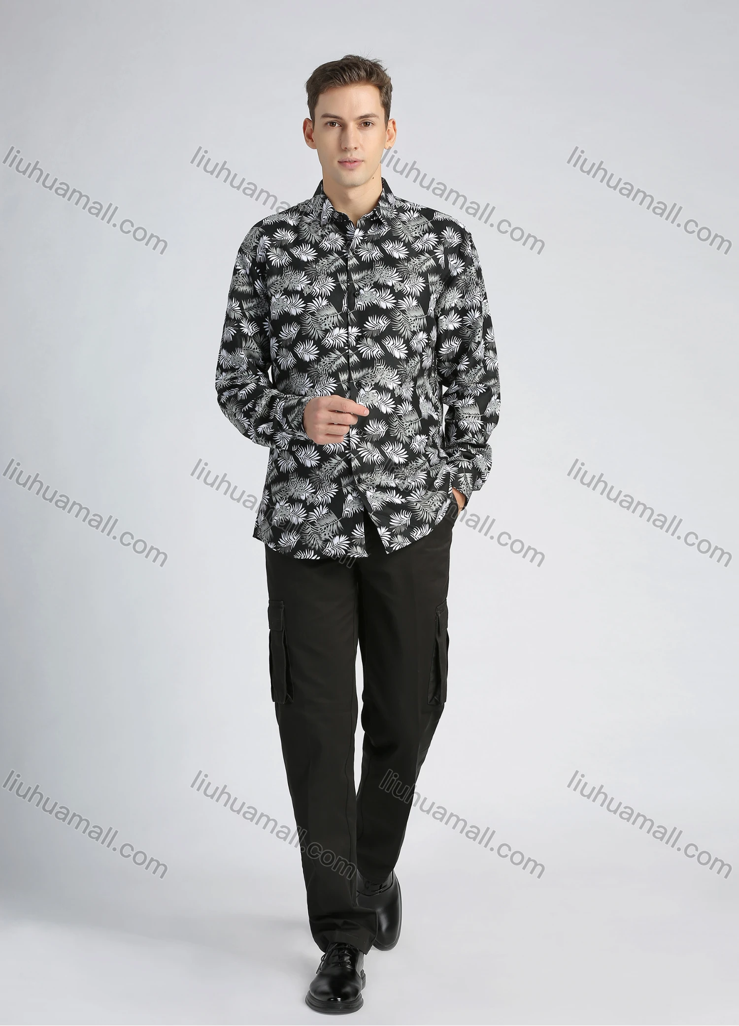 Wholesale Men's Casual Allover Plants Print Button Down Long Sleeve Shirt - Liuhuamall