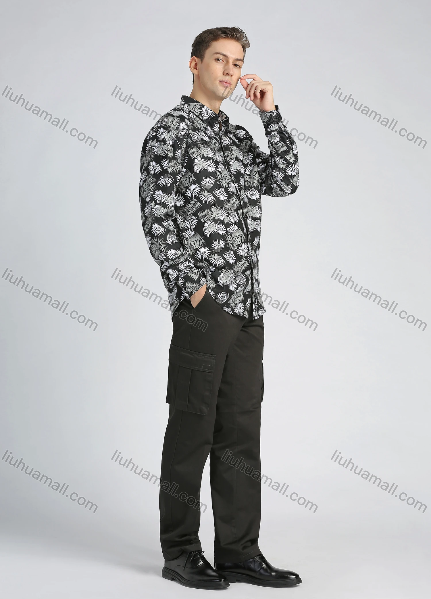 Wholesale Men's Casual Allover Plants Print Button Down Long Sleeve Shirt - Liuhuamall