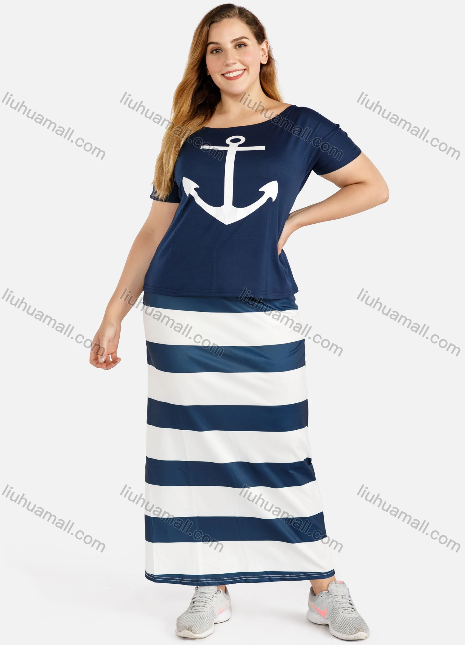 Wholesale Women's Summer Round Neck Anchor Print Tee&Maxi Striped Skirt Set - Liuhuamall