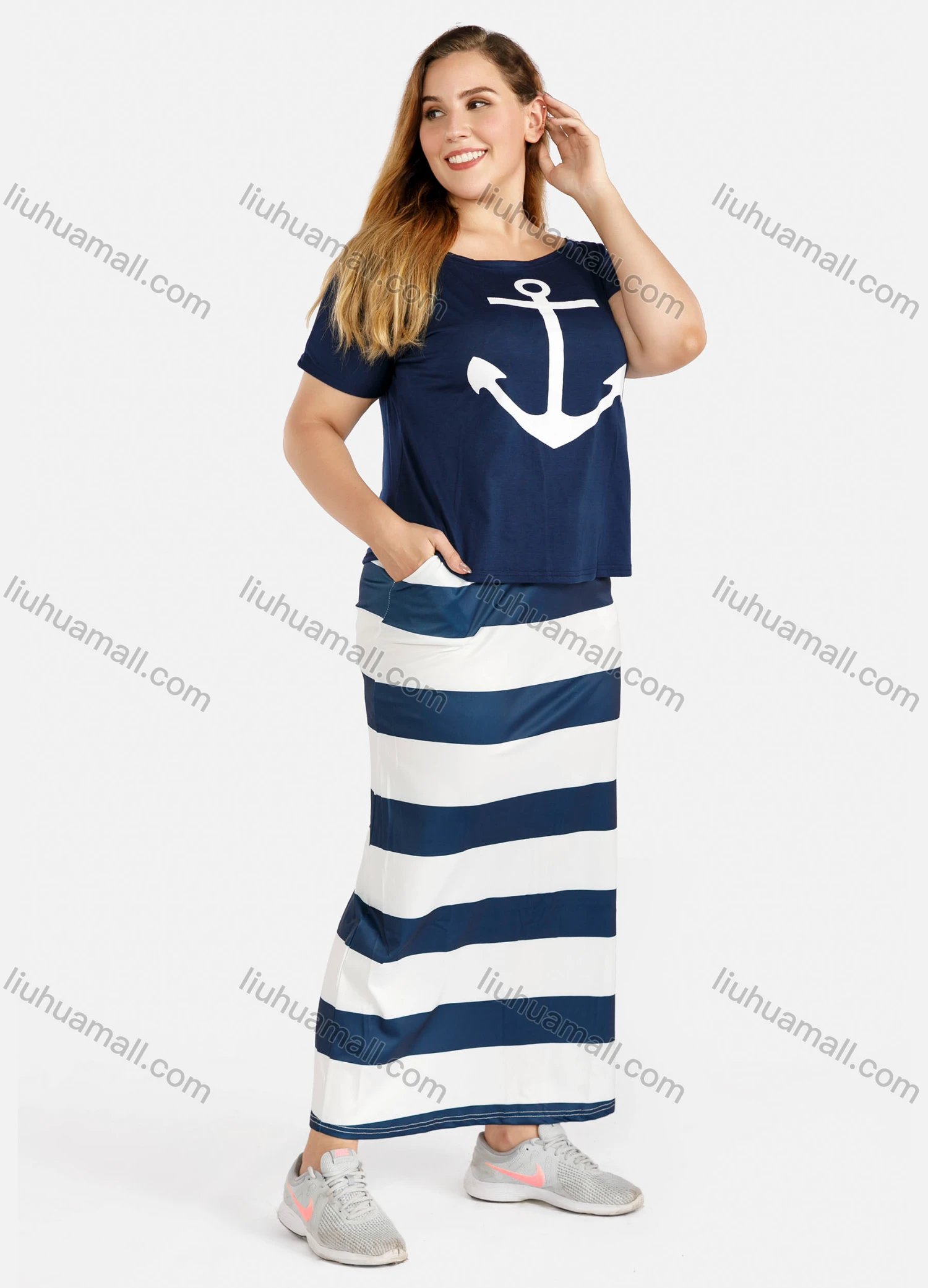 Wholesale Women's Summer Round Neck Anchor Print Tee&Maxi Striped Skirt Set - Liuhuamall