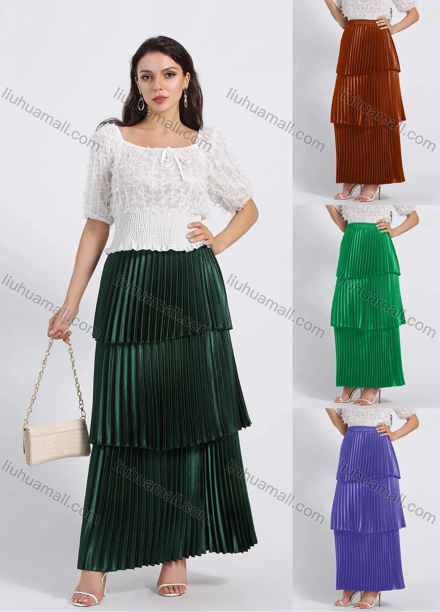 Wholesale Women's Elegant Layered Hem Plain Pleated Maxi Skirt - Liuhuamall