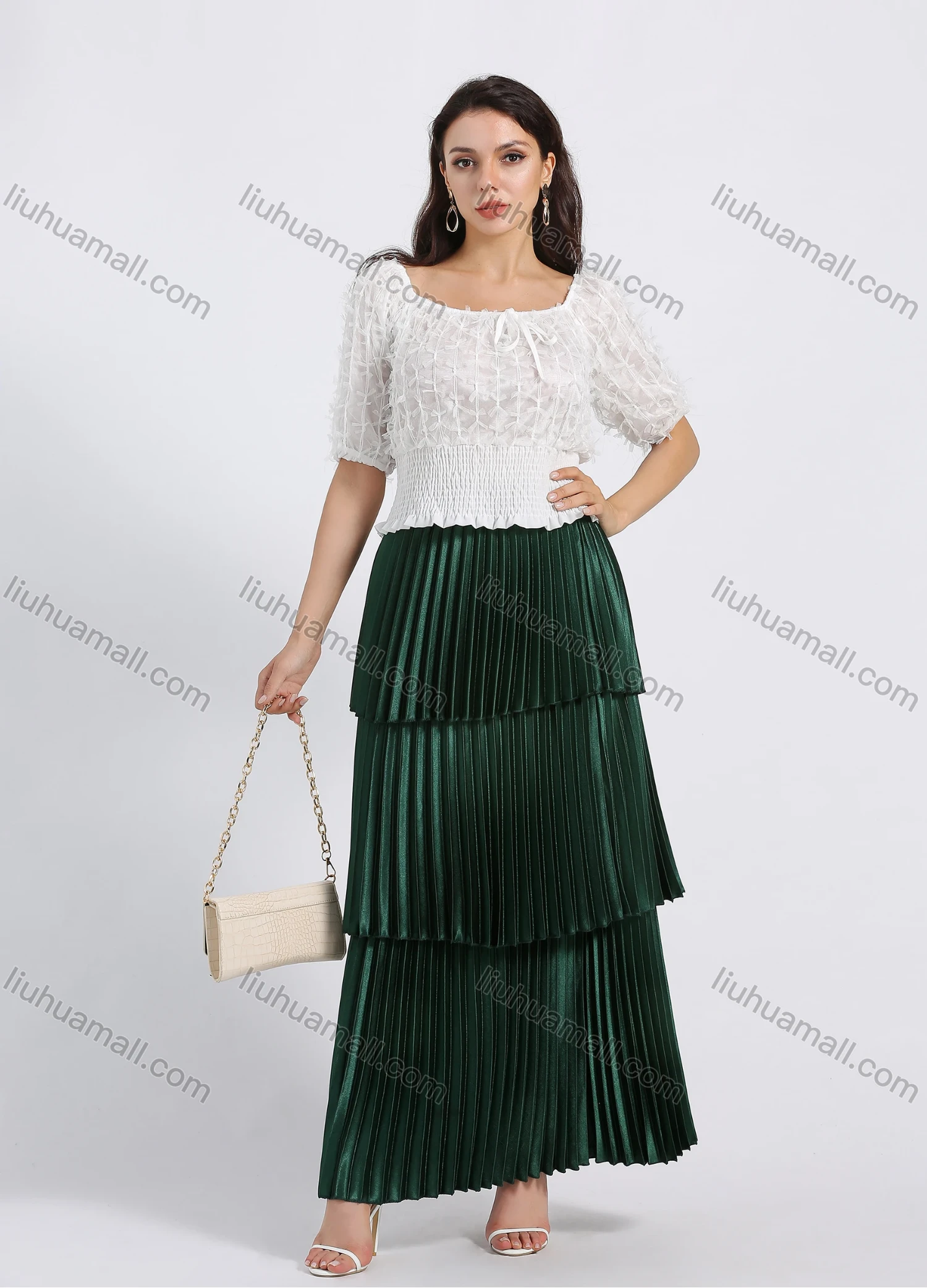 Wholesale Women's Elegant Layered Hem Plain Pleated Maxi Skirt - Liuhuamall