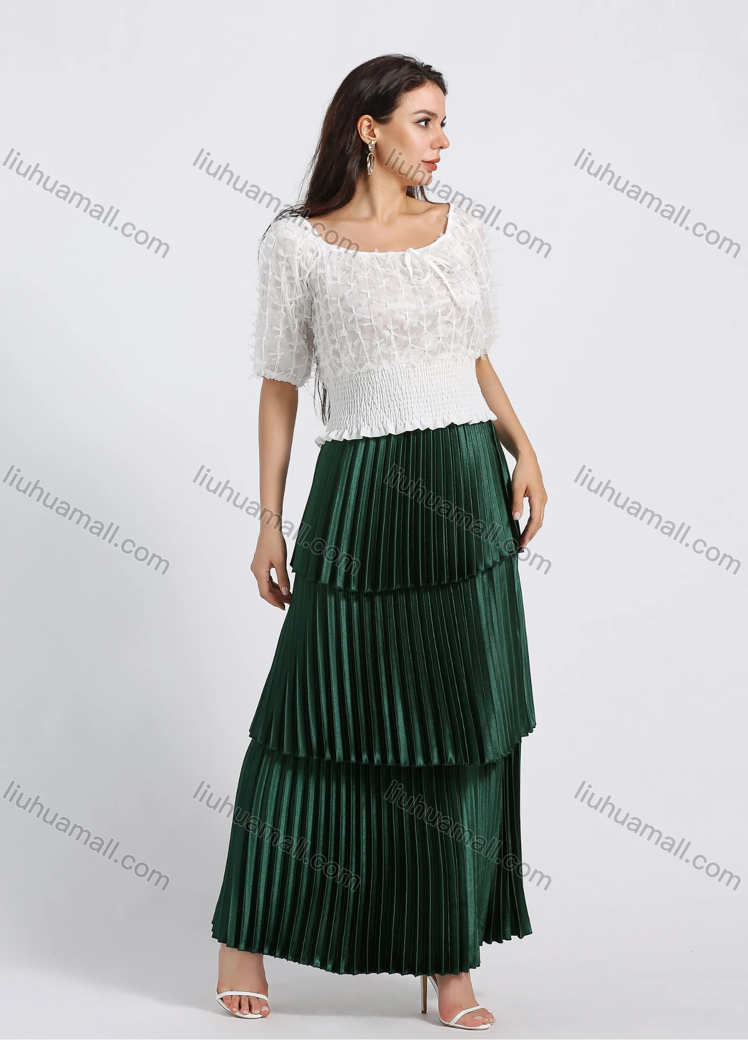 Wholesale Women's Elegant Layered Hem Plain Pleated Maxi Skirt - Liuhuamall