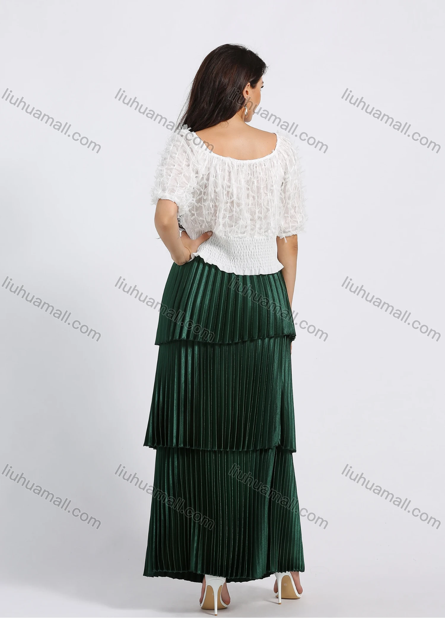 Wholesale Women's Elegant Layered Hem Plain Pleated Maxi Skirt - Liuhuamall