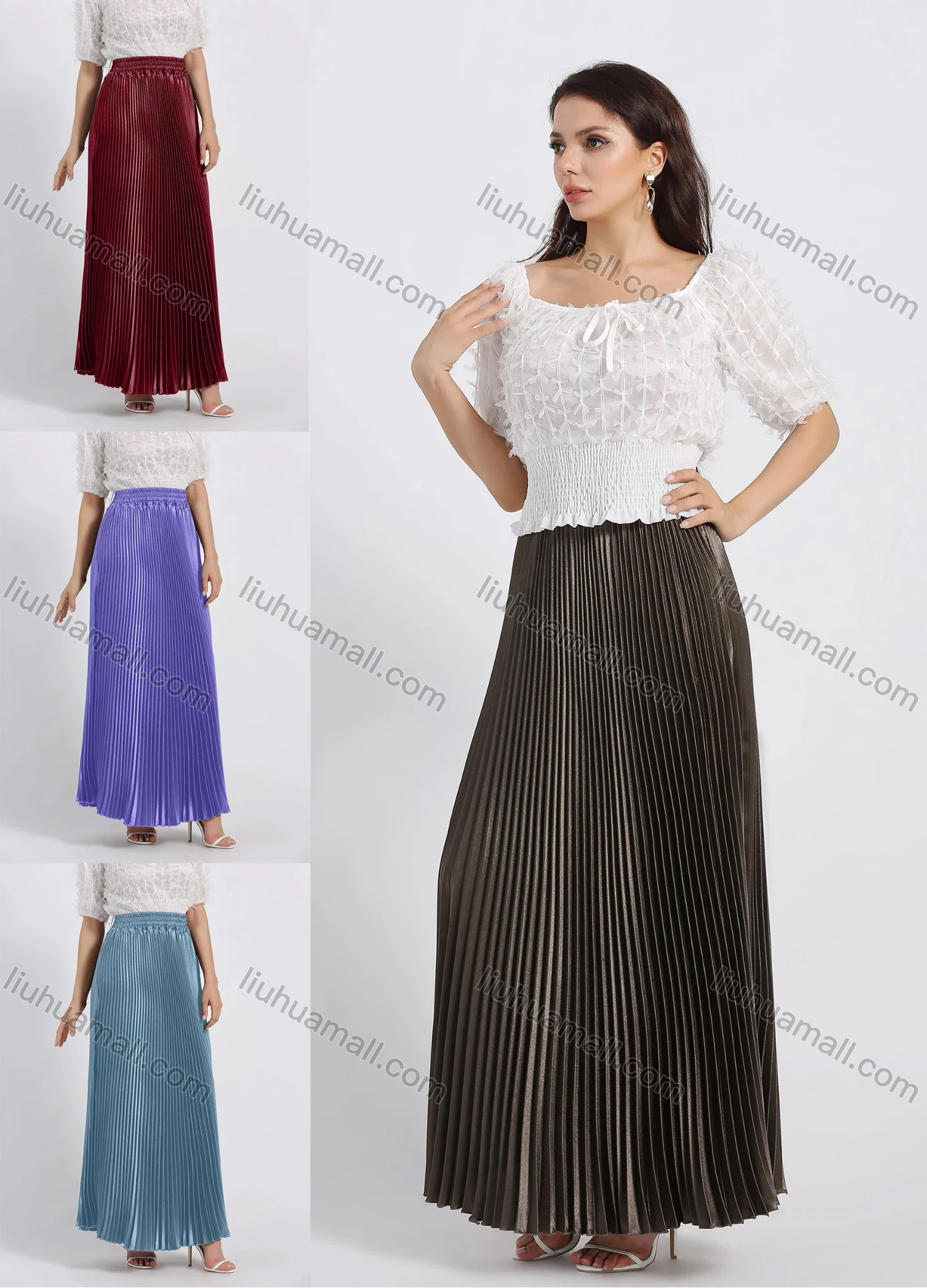 Wholesale Women's Elegant Satin Plain Pleated Maxi Skirt - Liuhuamall